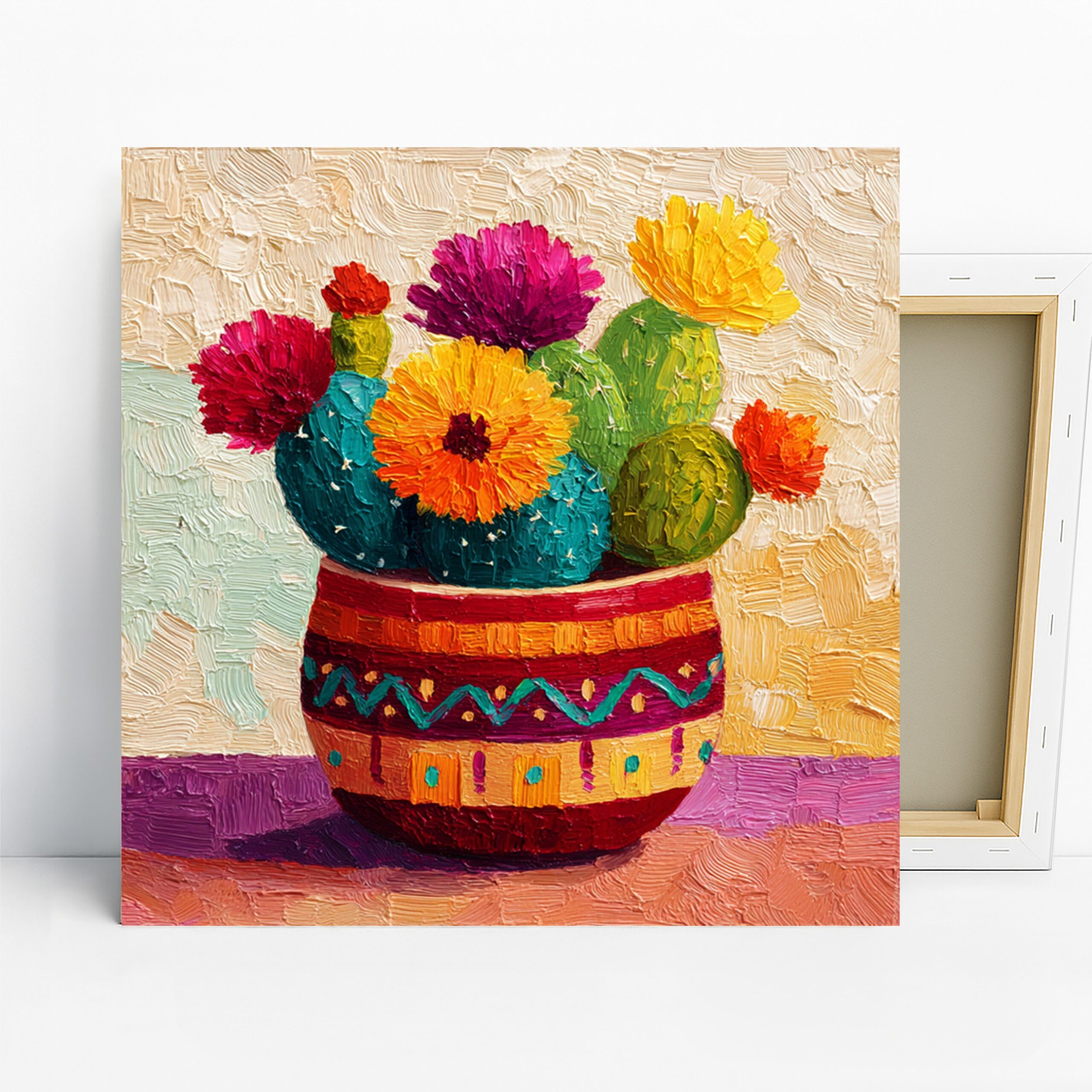 Vibrant Cactus Bloom Art, Canvas or Poster, Still Life Floral Decor, Living Room Dining Room Kitchen Bedroom Wall Art, Red Yellow Pink Green