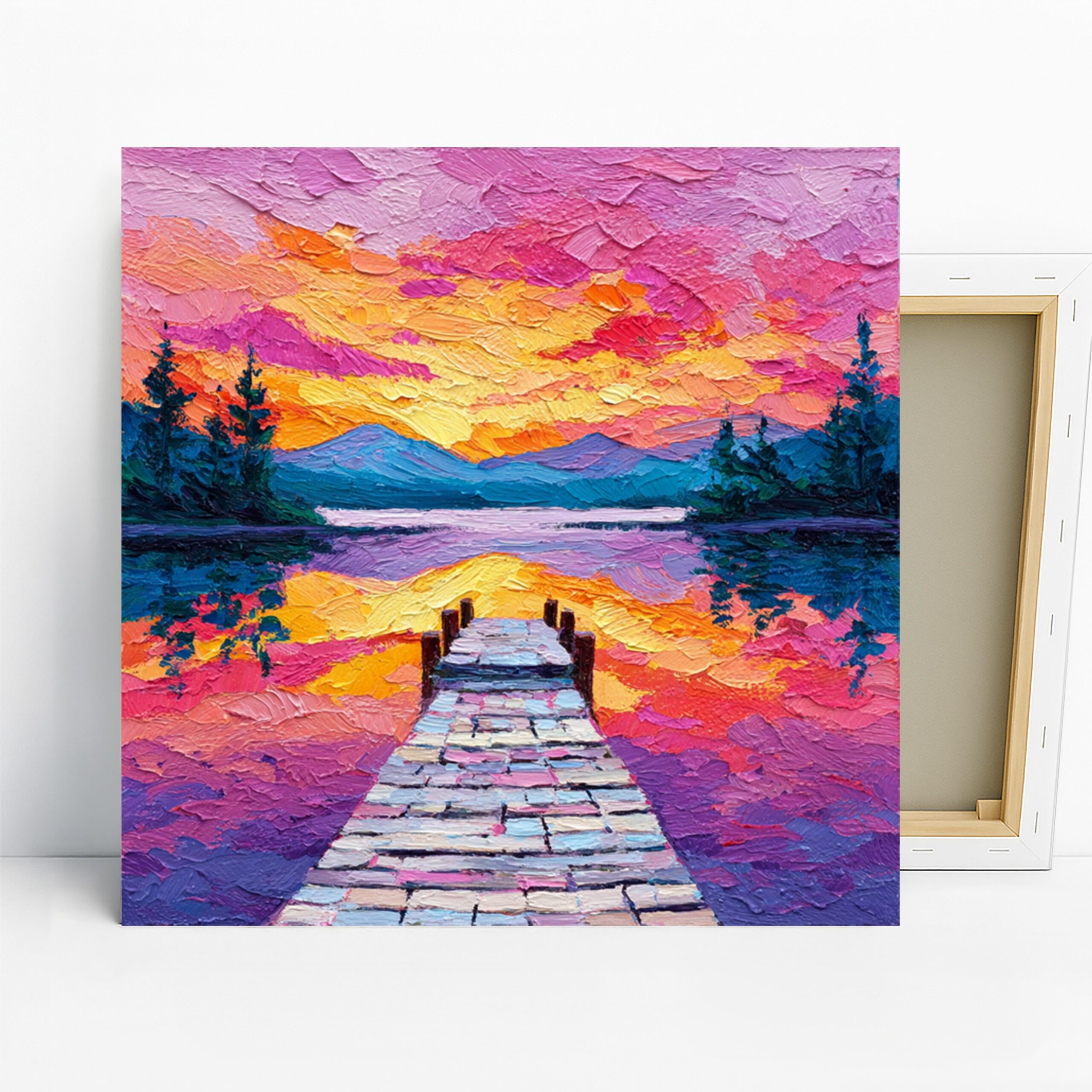 Sunset Lake Art, Canvas or Poster, Impressionism Rustic Scandinavian Decor, Living Room Bedroom Office Wall Art, Pink Orange Blue Purple
