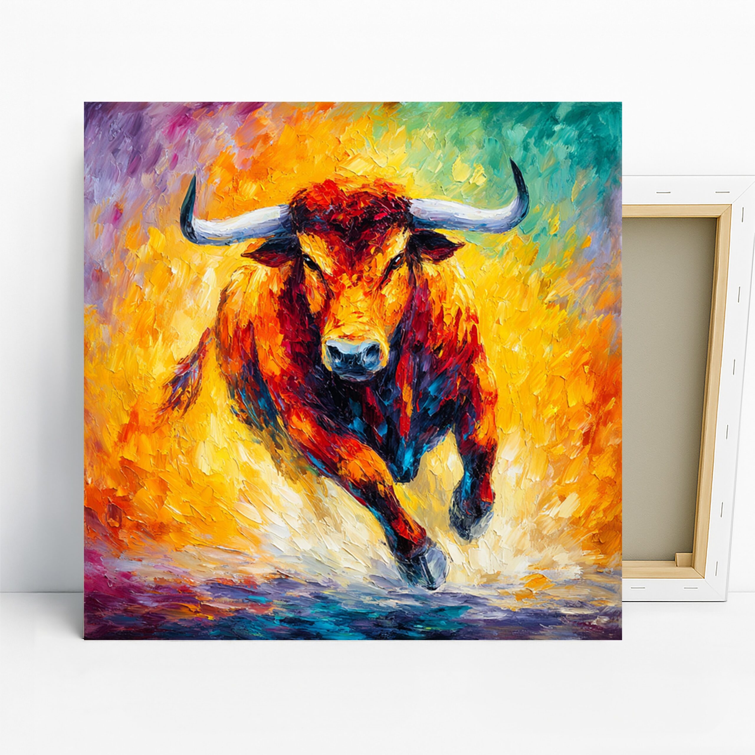 Bull Art, Canvas or Poster, Animal Contemporary Decor, Living Room Office Dining Room Wall Art, Red Orange Yellow Blue, Impressionism Art