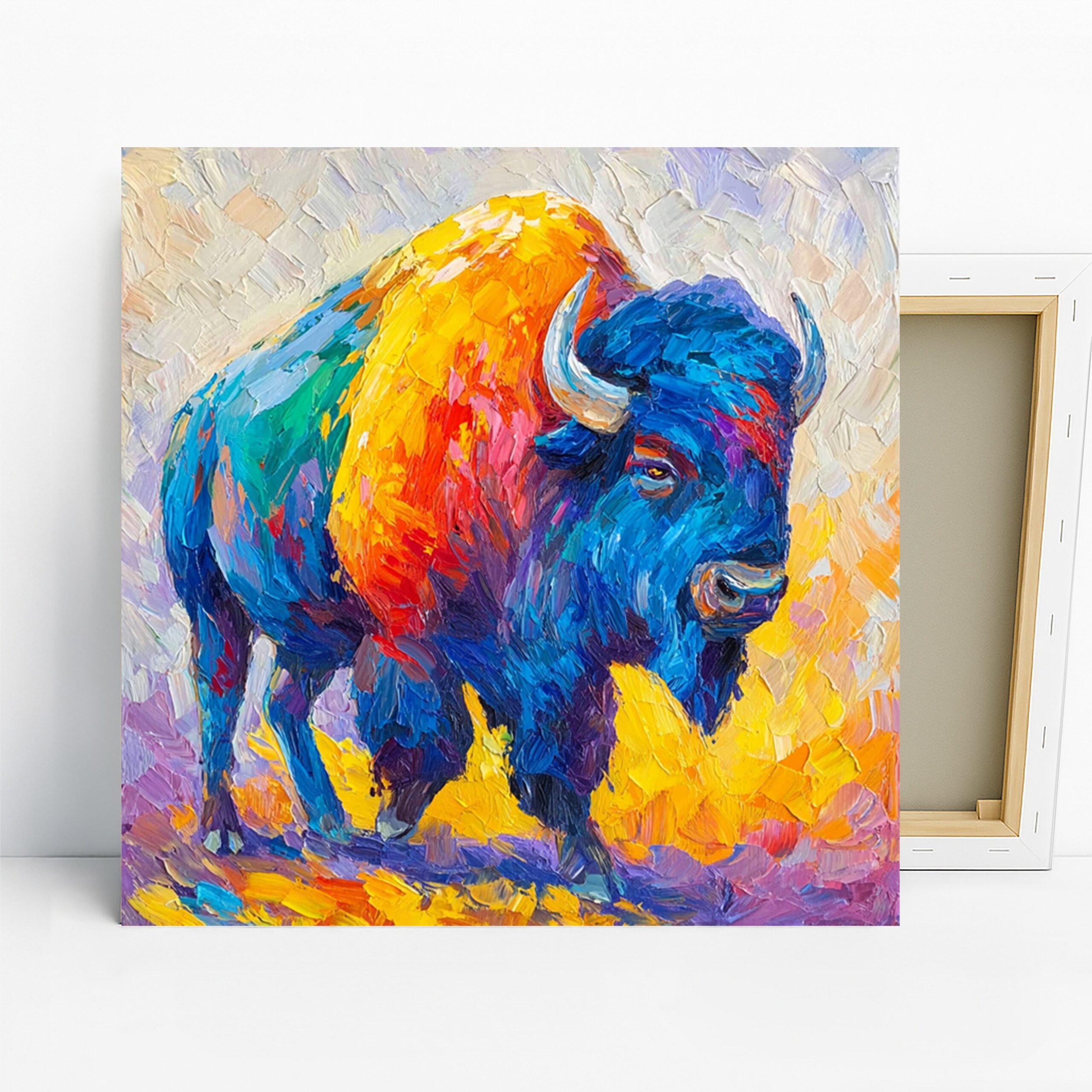 Bison Art, Canvas or Poster, Contemporary Animal Decor, Living Room Office Bedroom Wall Art, Blue Yellow Orange Purple, Rustic Home Decor