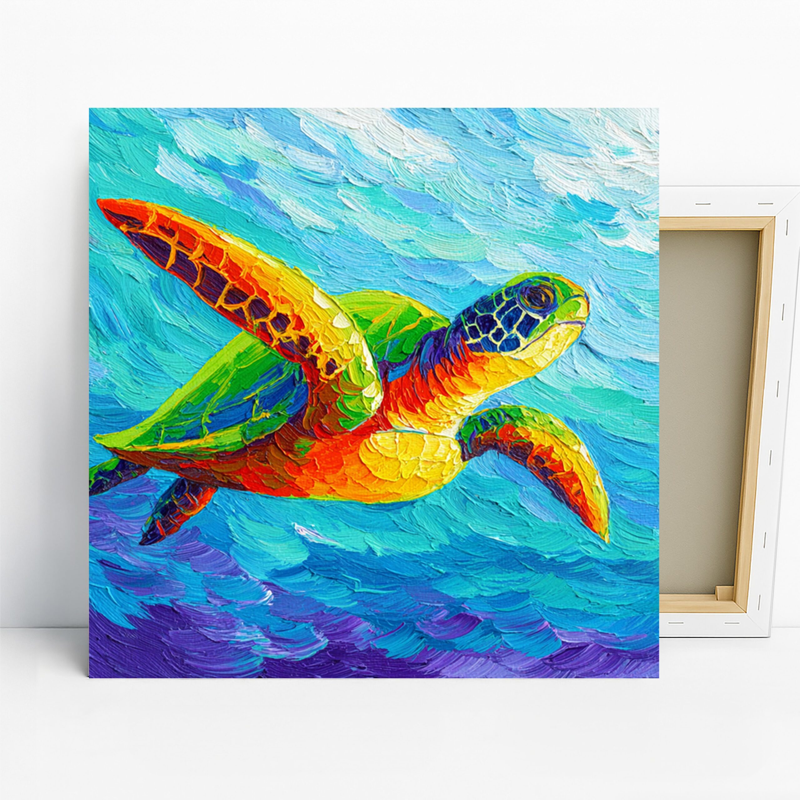 Colorful Sea Turtle Art, Canvas or Poster, Contemporary Coastal Decor, Living Room Bedroom Children Room Wall Art, Blue Orange Green Yellow
