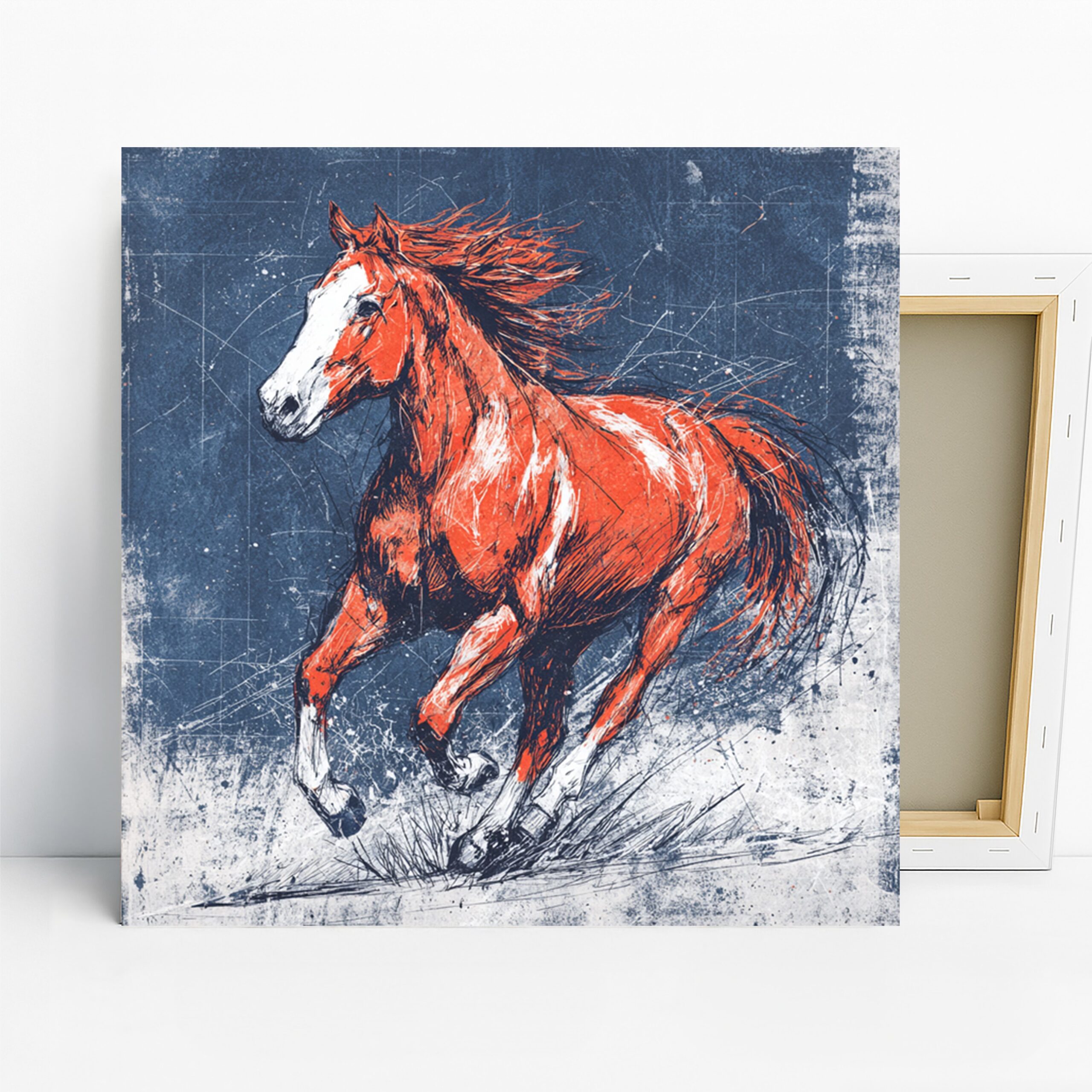 Galloping Red Horse Art, Canvas or Poster, Contemporary Rustic Decor, Living Room Office Bedroom Wall Art, Red Blue Orange and White