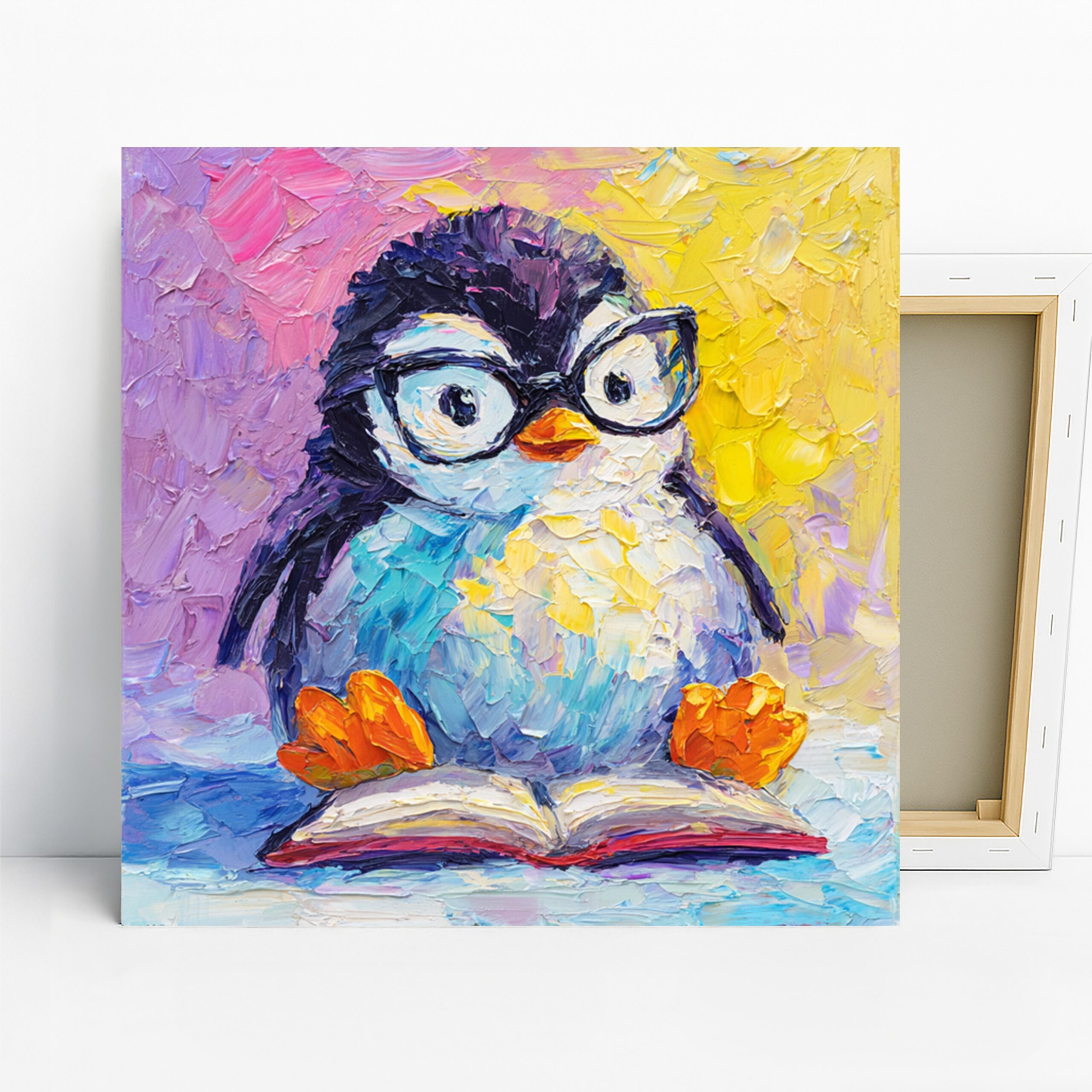 Penguin Reading Art, Canvas or Poster, Whimsical Contemporary Decor, Children’s Room Office Living Room Wall Art, Blue Yellow Purple Orange
