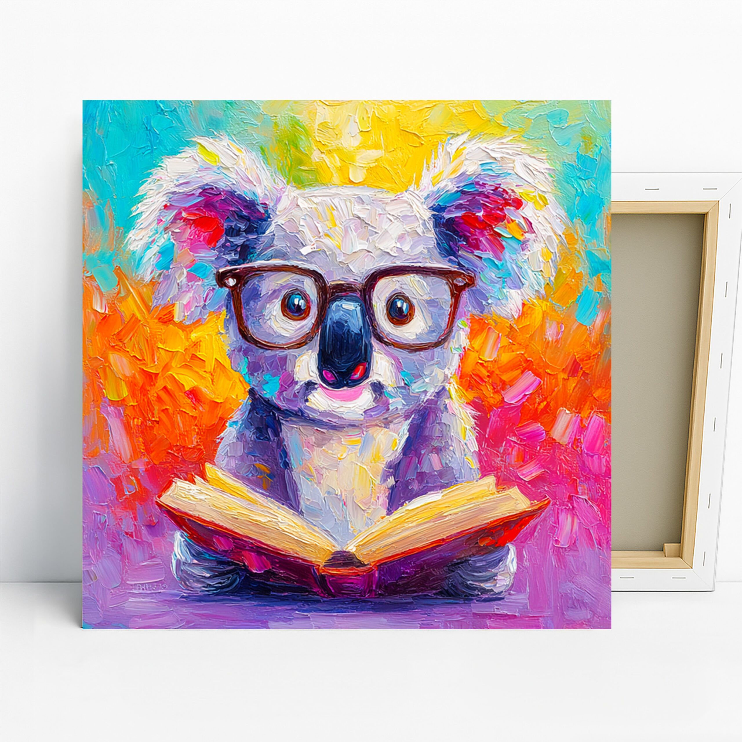 Koala Reading Art, Canvas or Poster, Whimsical Modern Decor, Living Room Office Children's Room Wall Art, Purple Orange Blue Yellow
