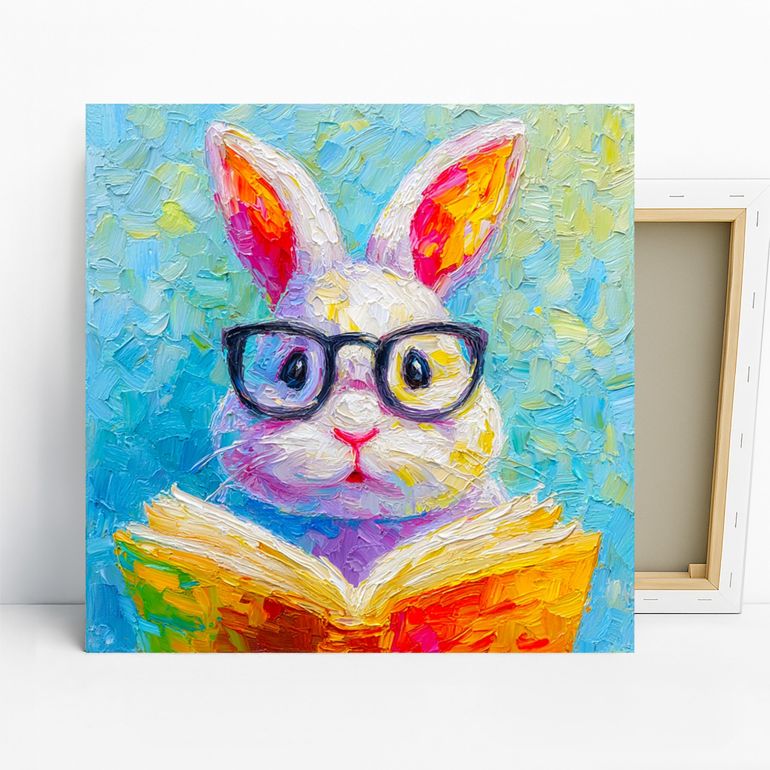 Bunny Art, Canvas or Poster, Whimsical Animal Decor, Office Children’s Room Living Room Wall Art, Blue Pink Yellow and White