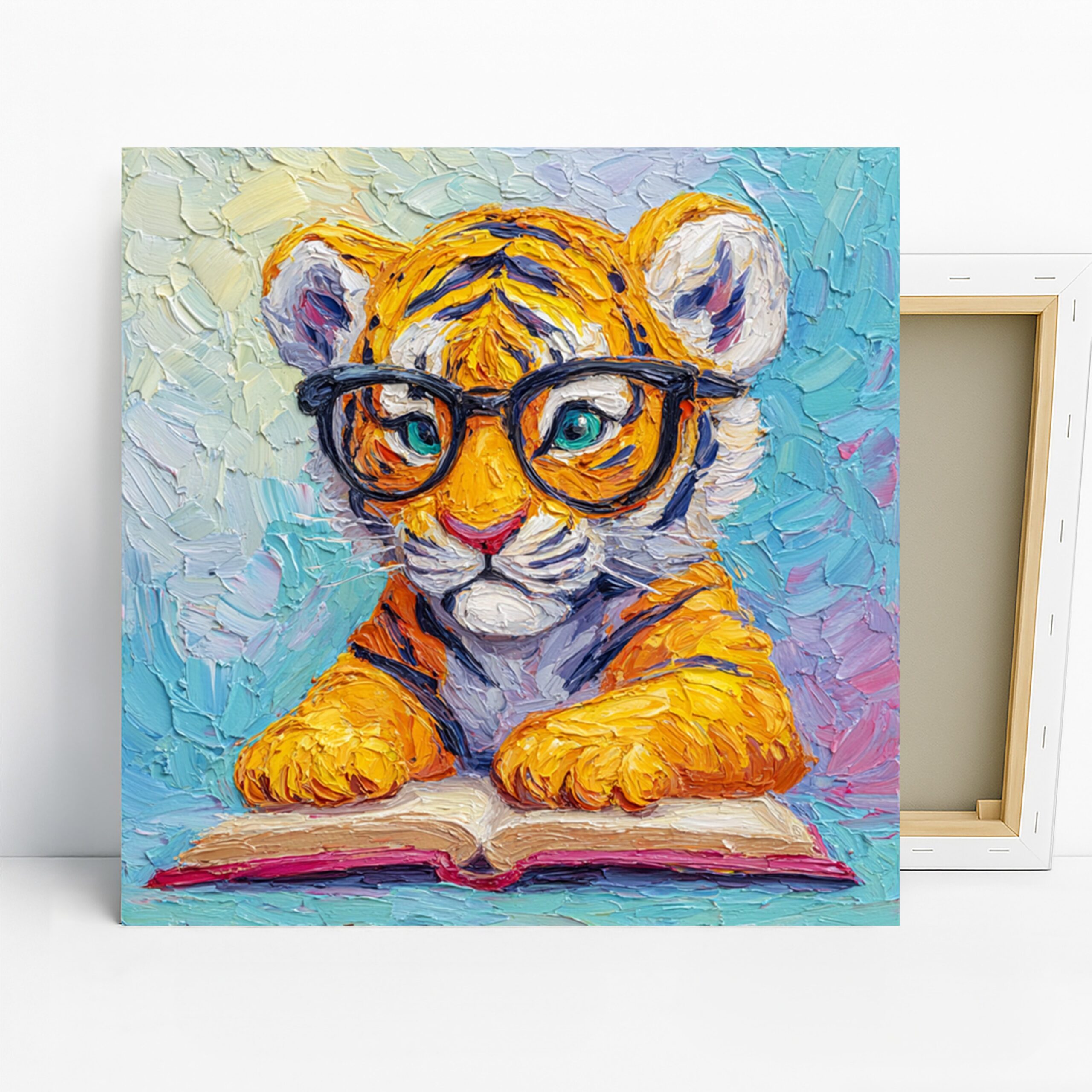 Tiger Reading Glasses Art, Canvas or Poster, Whimsical Contemporary Decor, Office Library Children’s Room Wall Art, Orange Blue Black White