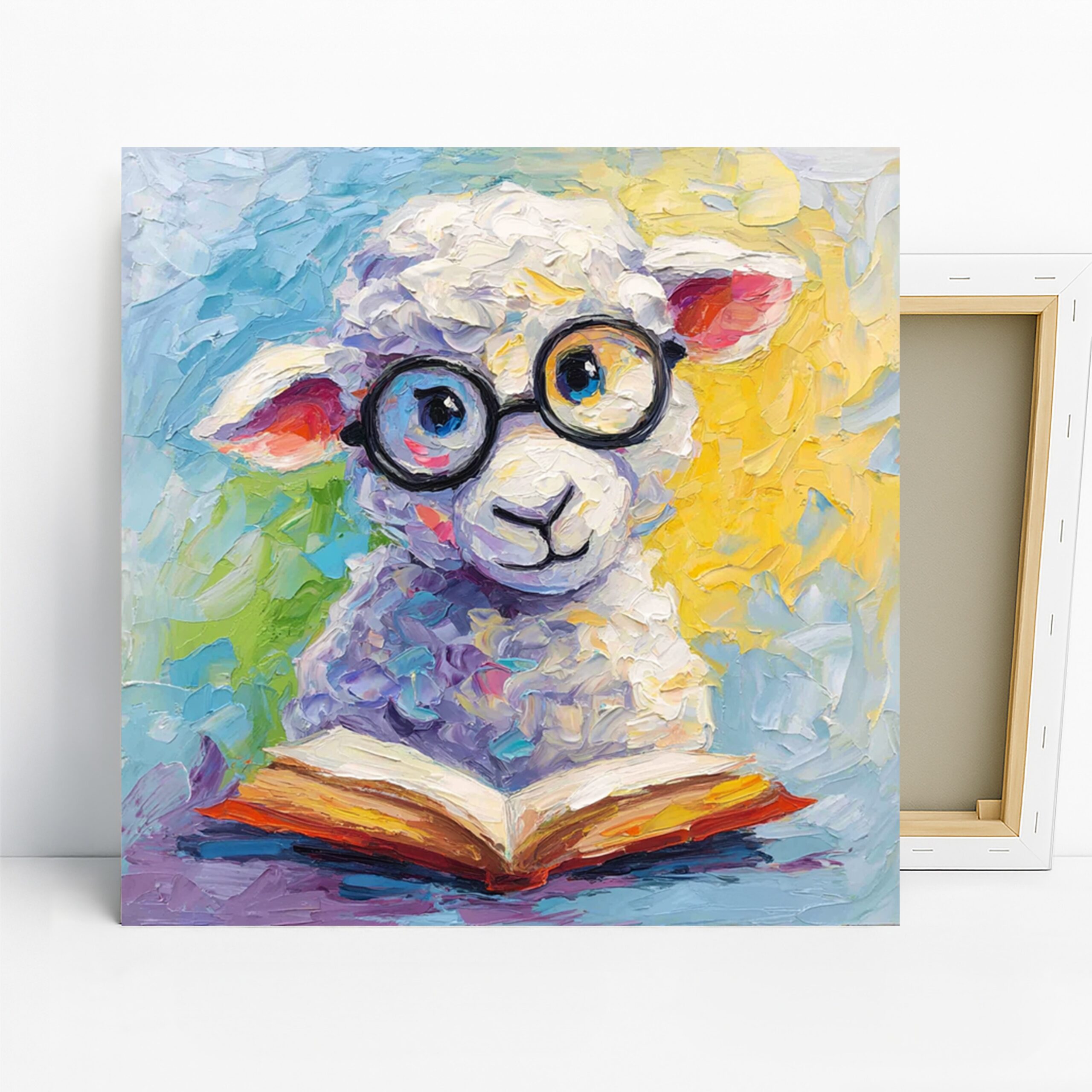 Sheep Reading Art, Canvas or Poster, Whimsical Contemporary Decor, Children’s Room Library Living Room Wall Art, White Blue Yellow Purple