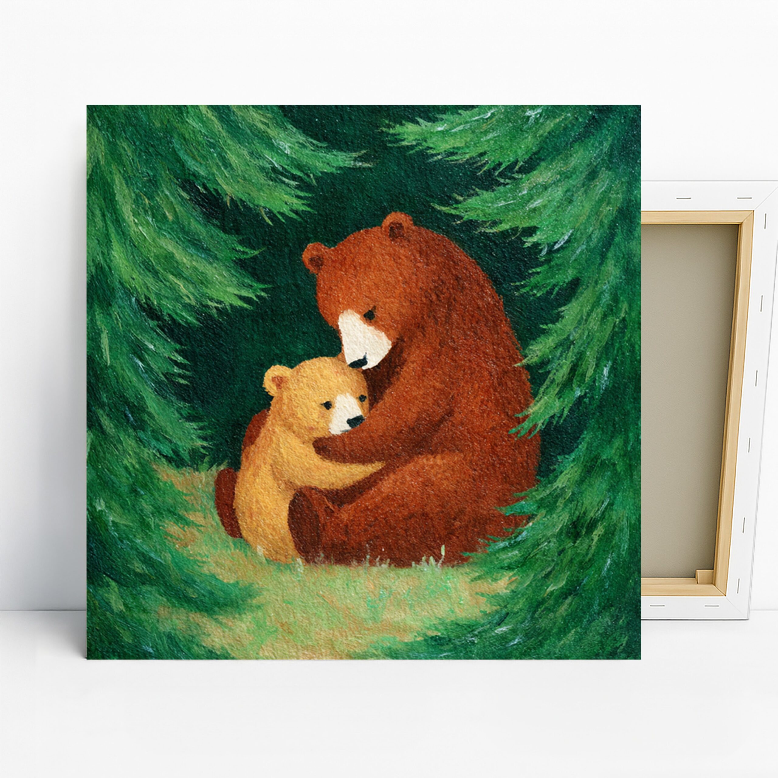 Mother and Baby Bear Art, Canvas or Poster, Rustic Nature Decor, Nursery Children’s Room Bedroom Wall Art, Brown Green White Orange
