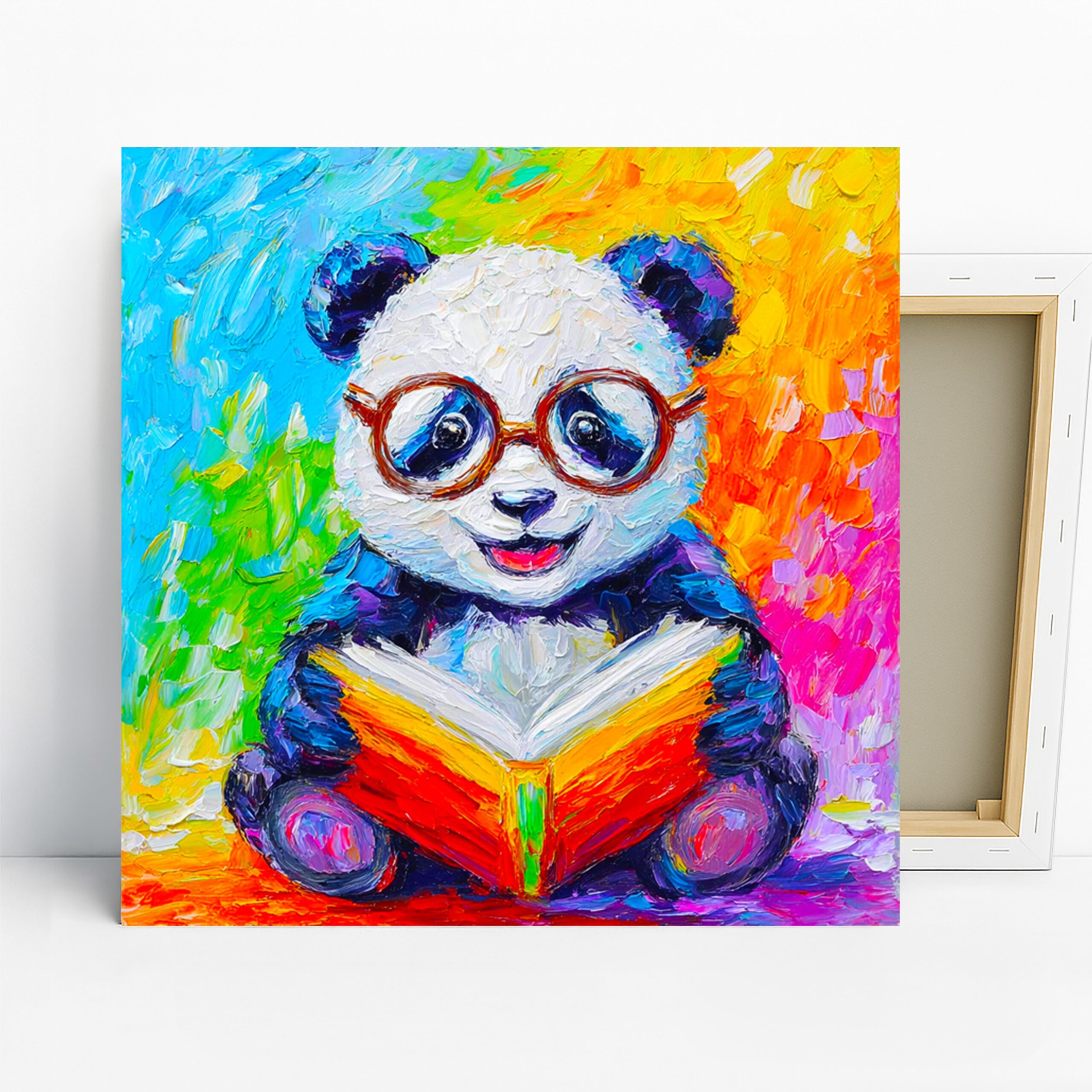 Panda Reading Book Art, Canvas or Poster, Whimsical Decor, Children Room Office Living Room Bedroom Wall Art, Multicolor, White Blue Yellow