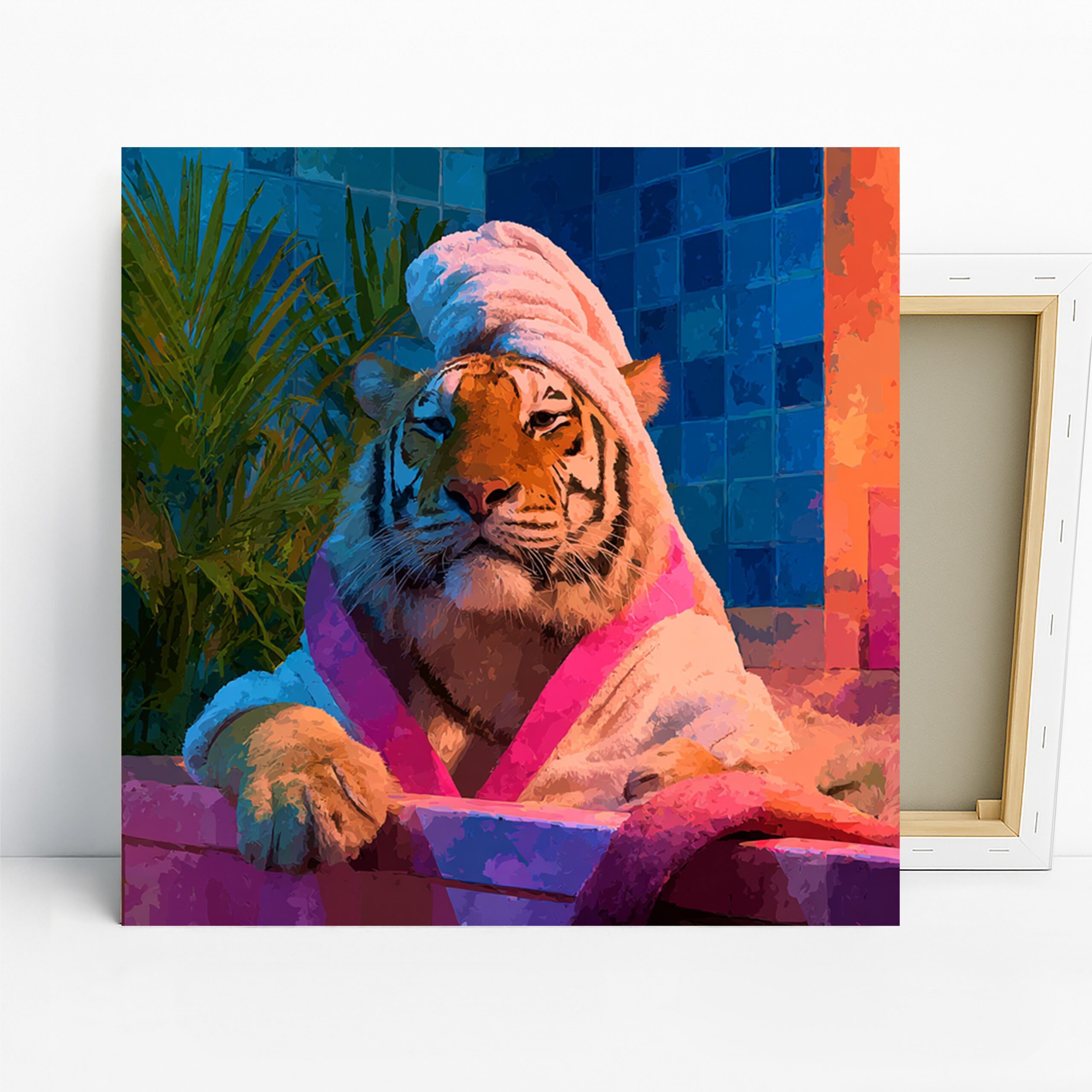 Tiger Spa Day Art, Canvas or Poster, Whimsical Pop Animal Decor, Bathroom Bedroom Living Room Office Wall Art, Pink Blue Orange Purple