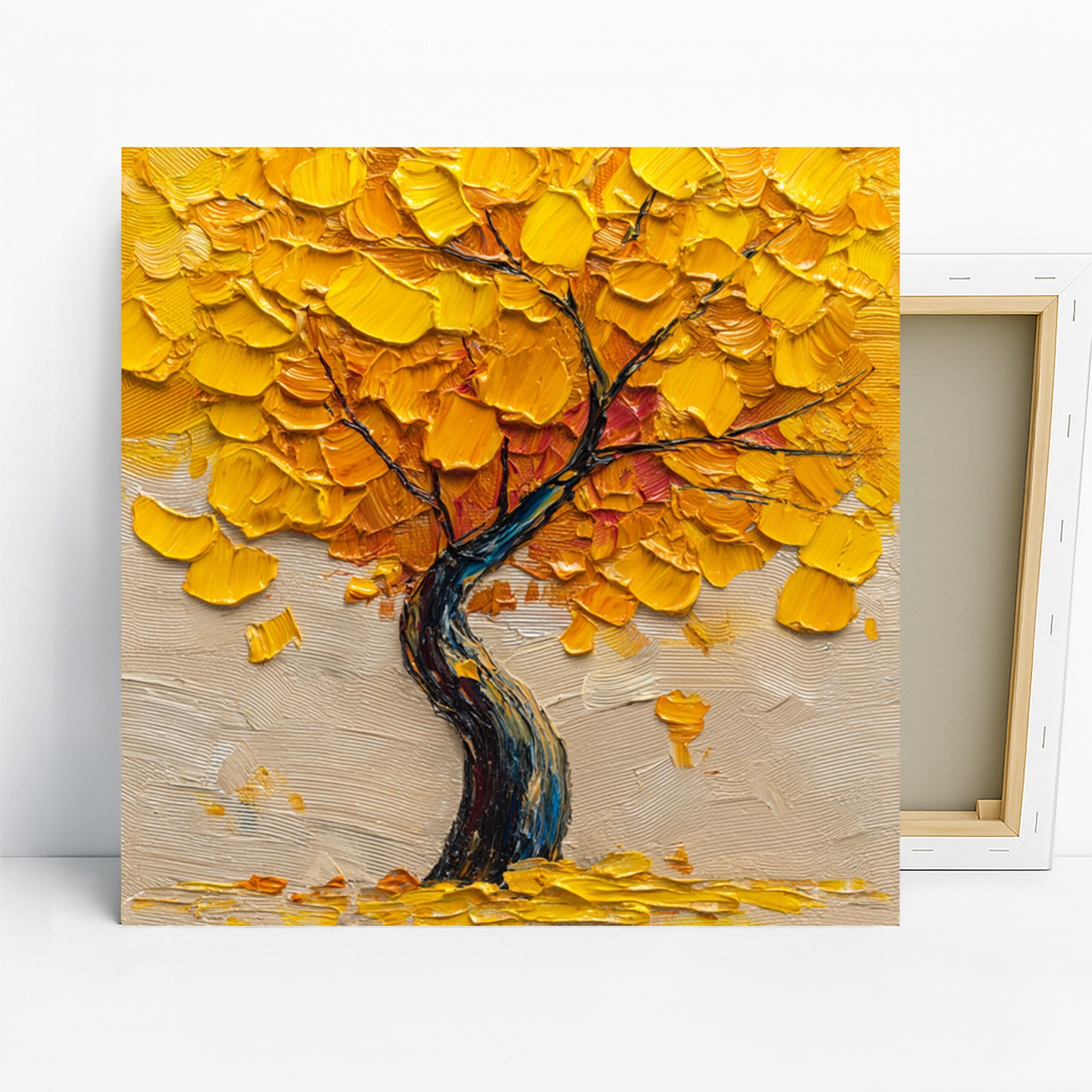 Golden Autumn Tree Art, Canvas or Poster, Contemporary Nature Decor, Living Room Bedroom Office Wall Art, Yellow Blue Brown White