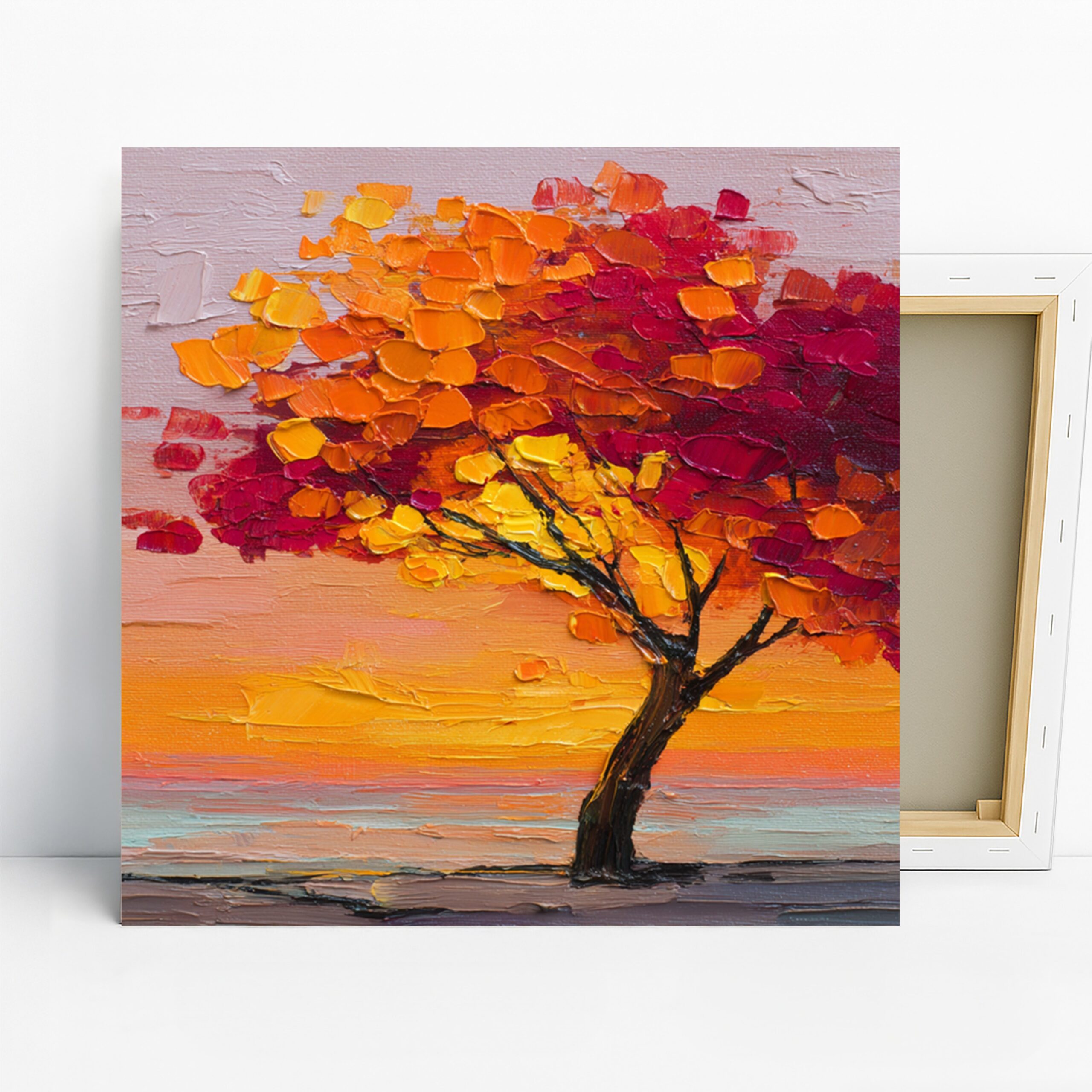 Autumn Tree Sunset Art, Canvas or Poster, Impressionism Modern Rustic Decor, Living Room Bedroom Office Wall Art, Orange Red Yellow Brown
