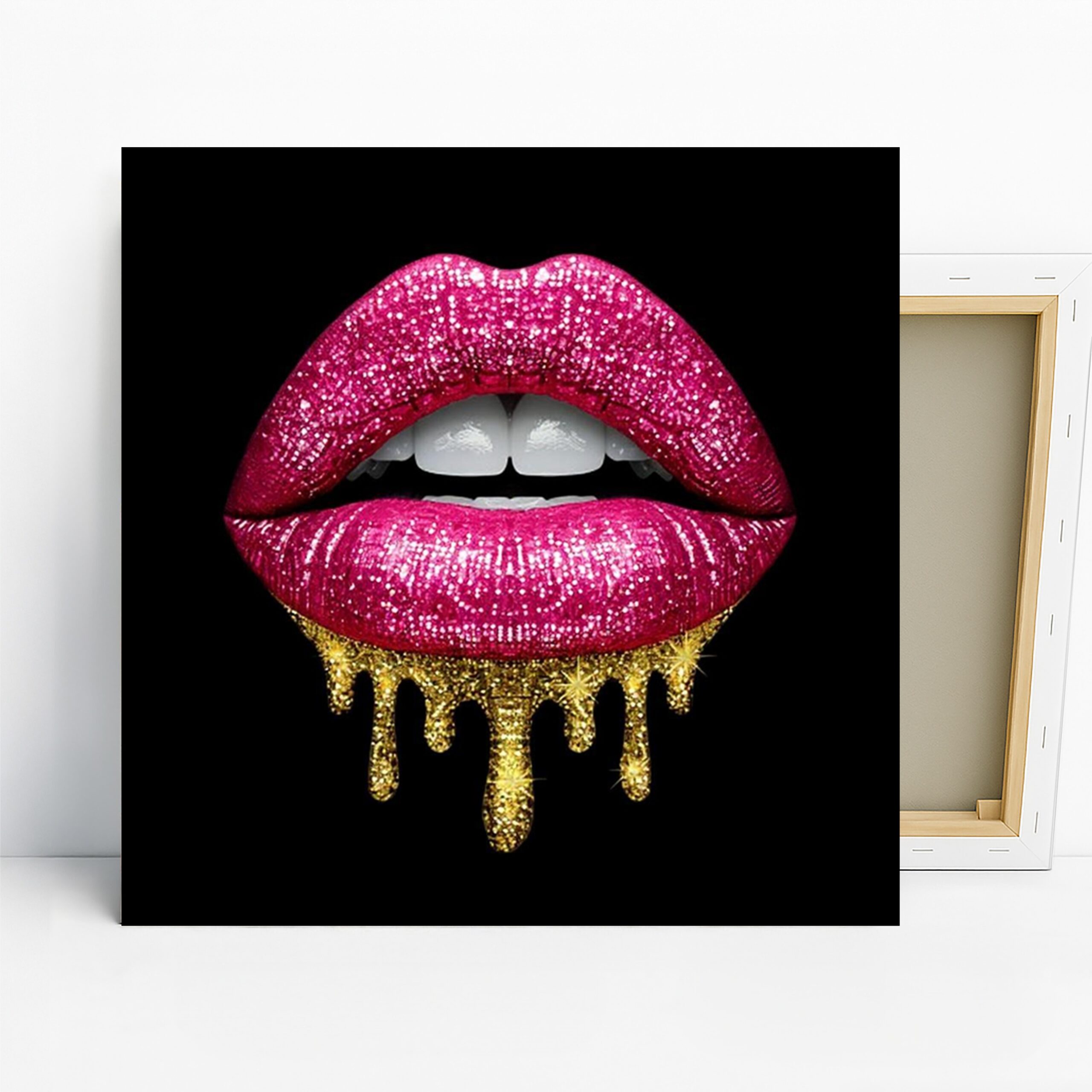 Glittery Lips Art, Canvas or Poster, Pop Art Glam Decor, Bedroom Living Room Bathroom Wall Art, Pink Gold White, Makeup Lover Gift
