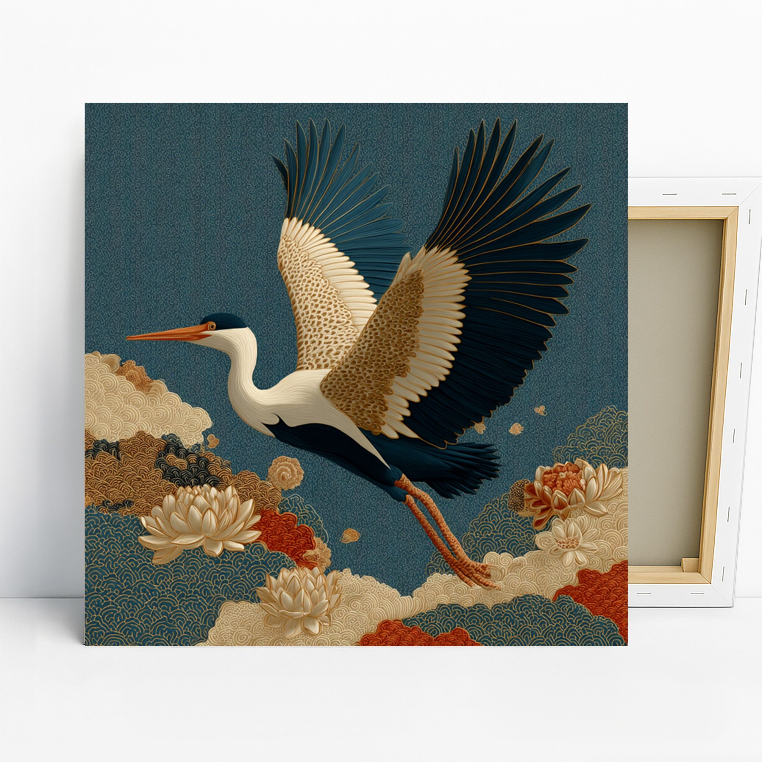 Heron Flight Art, Canvas or Poster, Nature Contemporary Decor, Living Room Bedroom Office Wall Art, Blue White Gold Brown