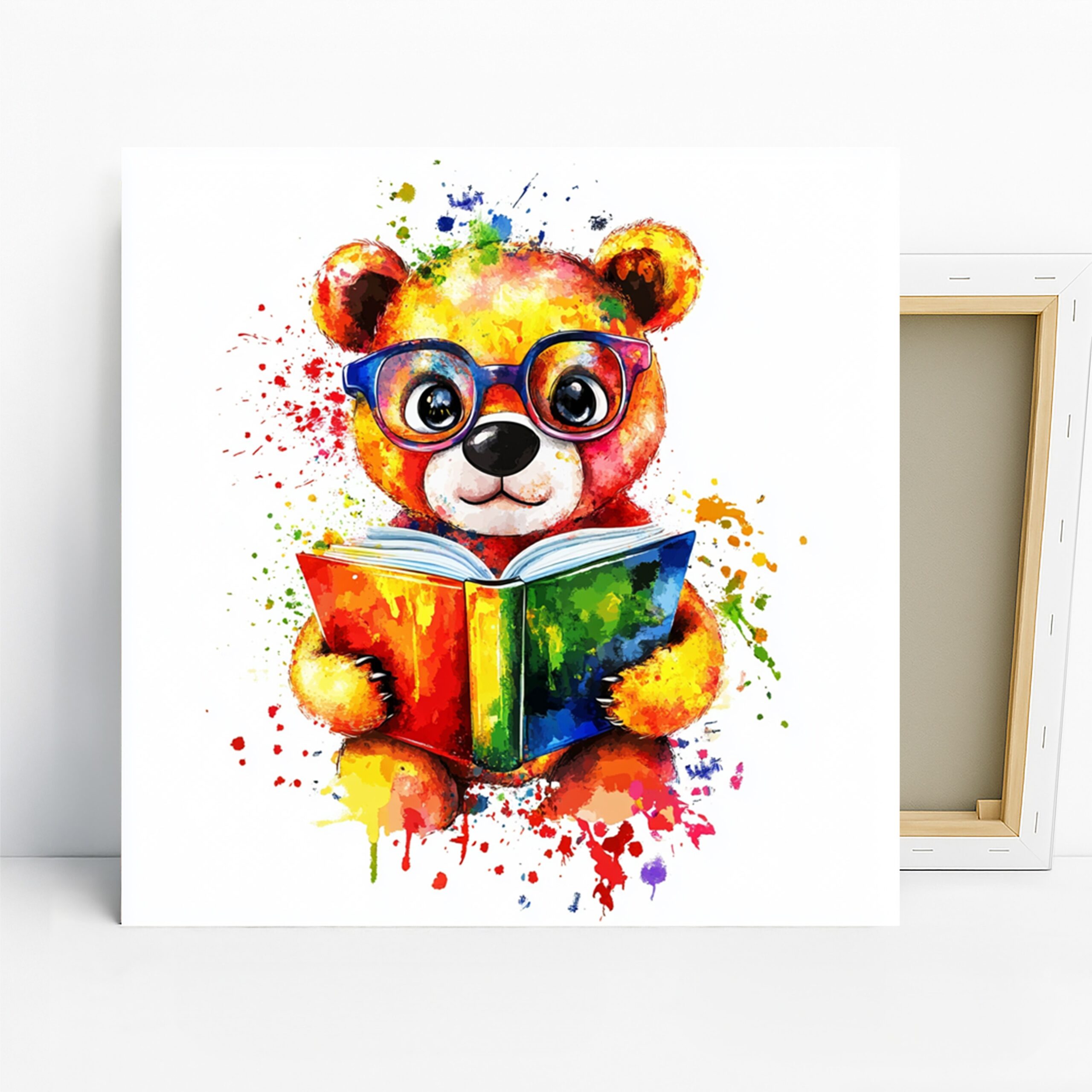 Bear Reading Book Art, Canvas or Poster, Whimsical Modern Decor, Children’s Room Nursery Library Office Wall Art, Multicolor Yellow Blue Red