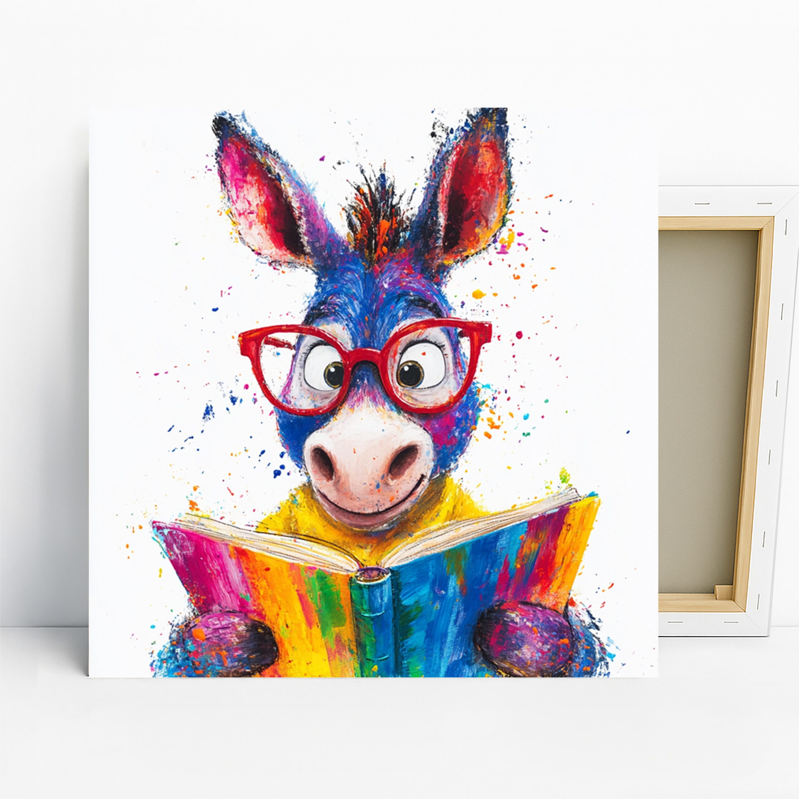 Colorful Donkey Art, Canvas or Poster, Whimsical Contemporary Decor, Children Room Library Living Room Wall Art, Blue Red Yellow Multicolor