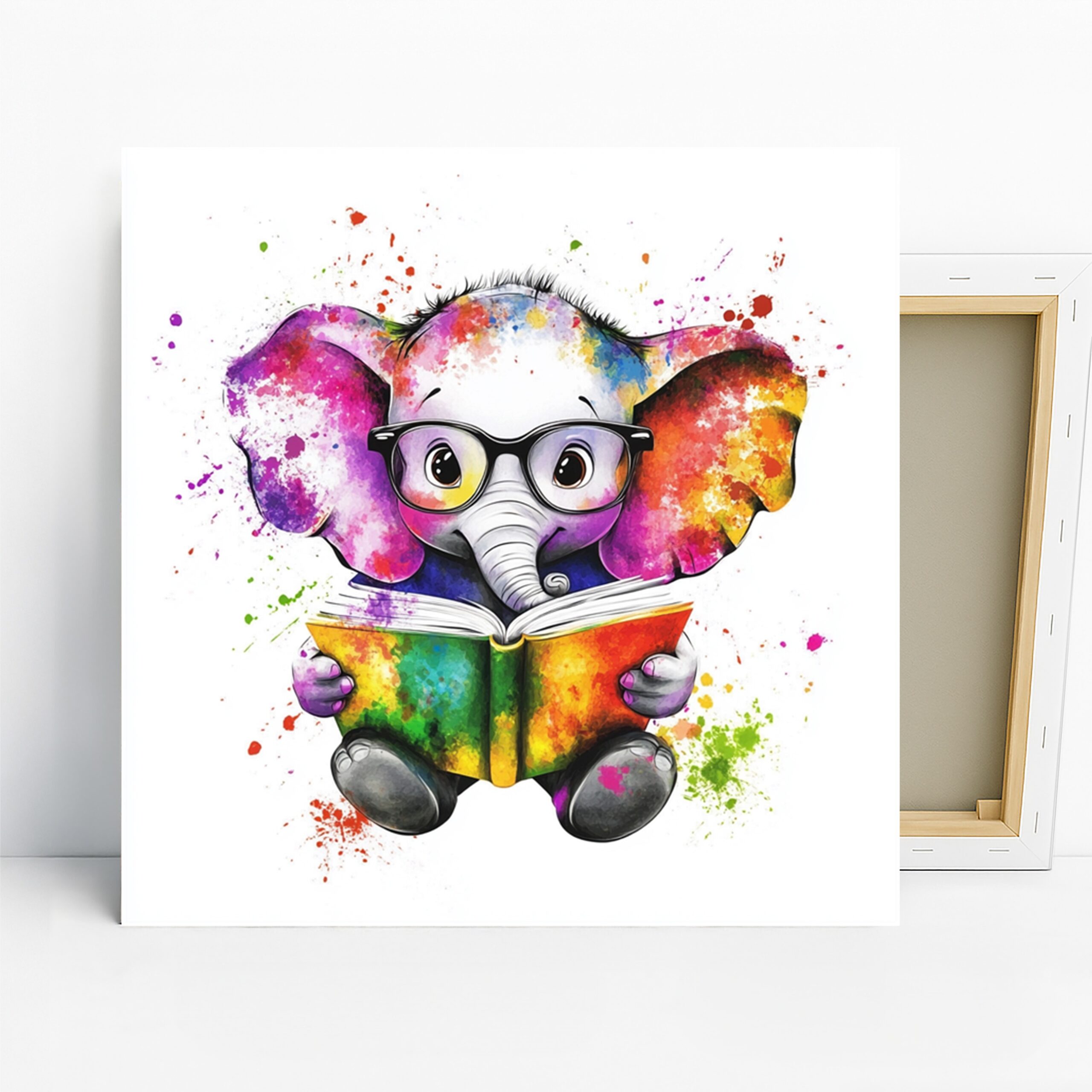 Elephant Reading Art, Canvas or Poster, Whimsical Contemporary Decor, Children’s Room Office Library Wall Art, Multicolor Purple Pink Blue