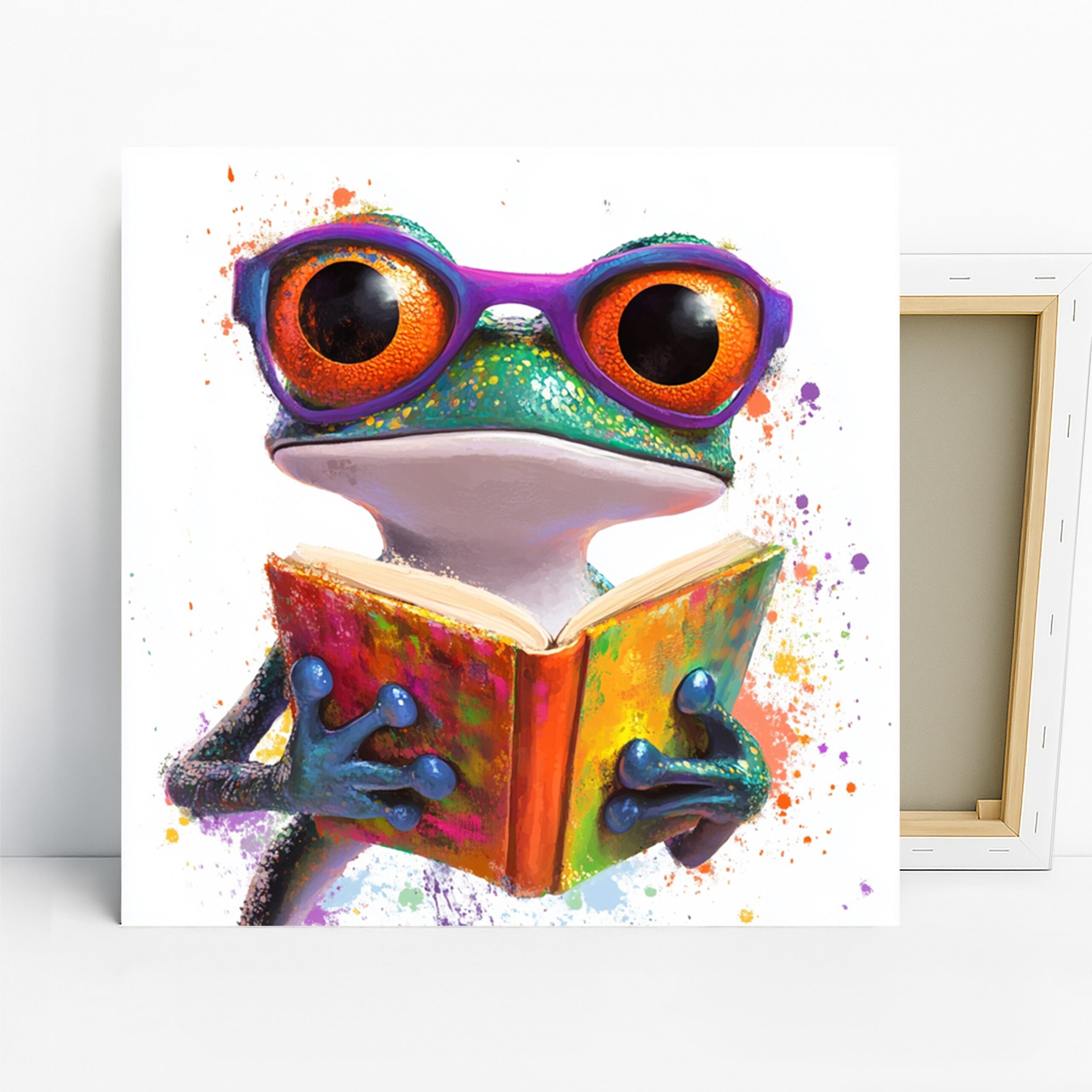 Frog Art, Canvas or Poster, Whimsical Modern Decor, Children’s Room Office Living Room Library Wall Art, Multicolor Purple Orange Green