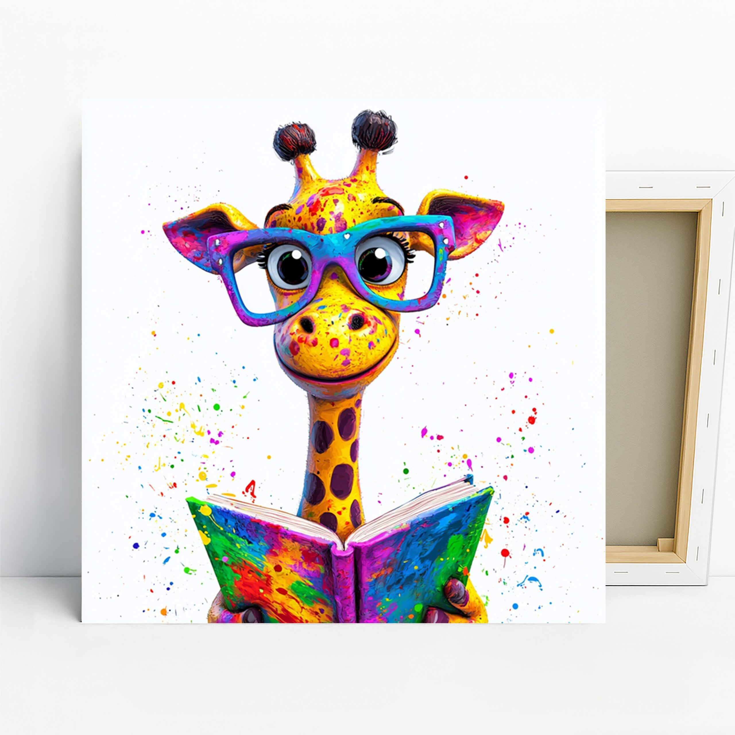 Giraffe Reading Art, Canvas or Poster, Whimsical Decor, Children’s Room Office Living Room Bedroom Wall Art, Yellow Blue Multicolor Purple