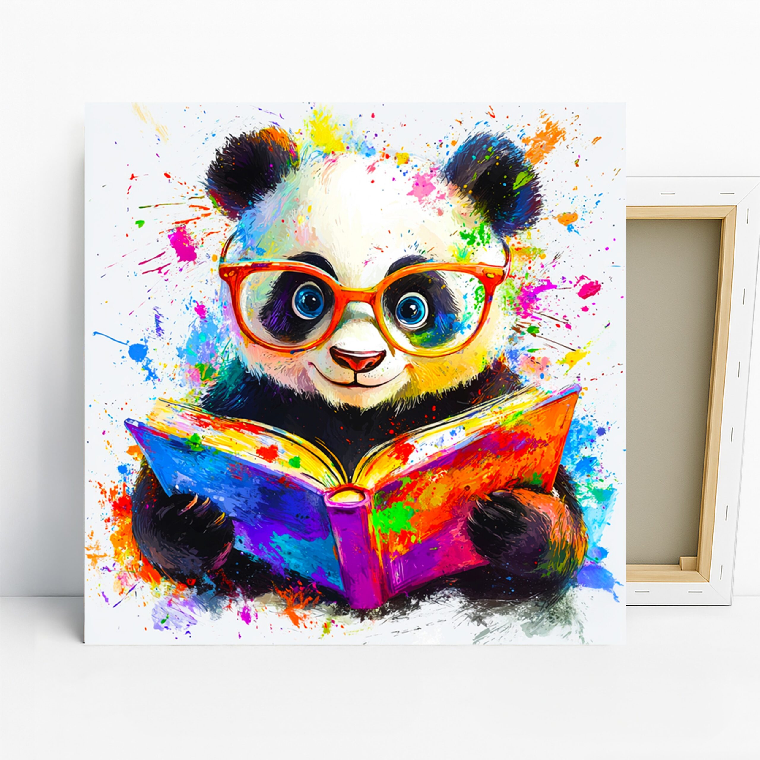 Panda Reading Book Art, Canvas or Poster, Contemporary Decor, Children’s Room Office Living Room Wall Art, Multicolor Orange Blue White