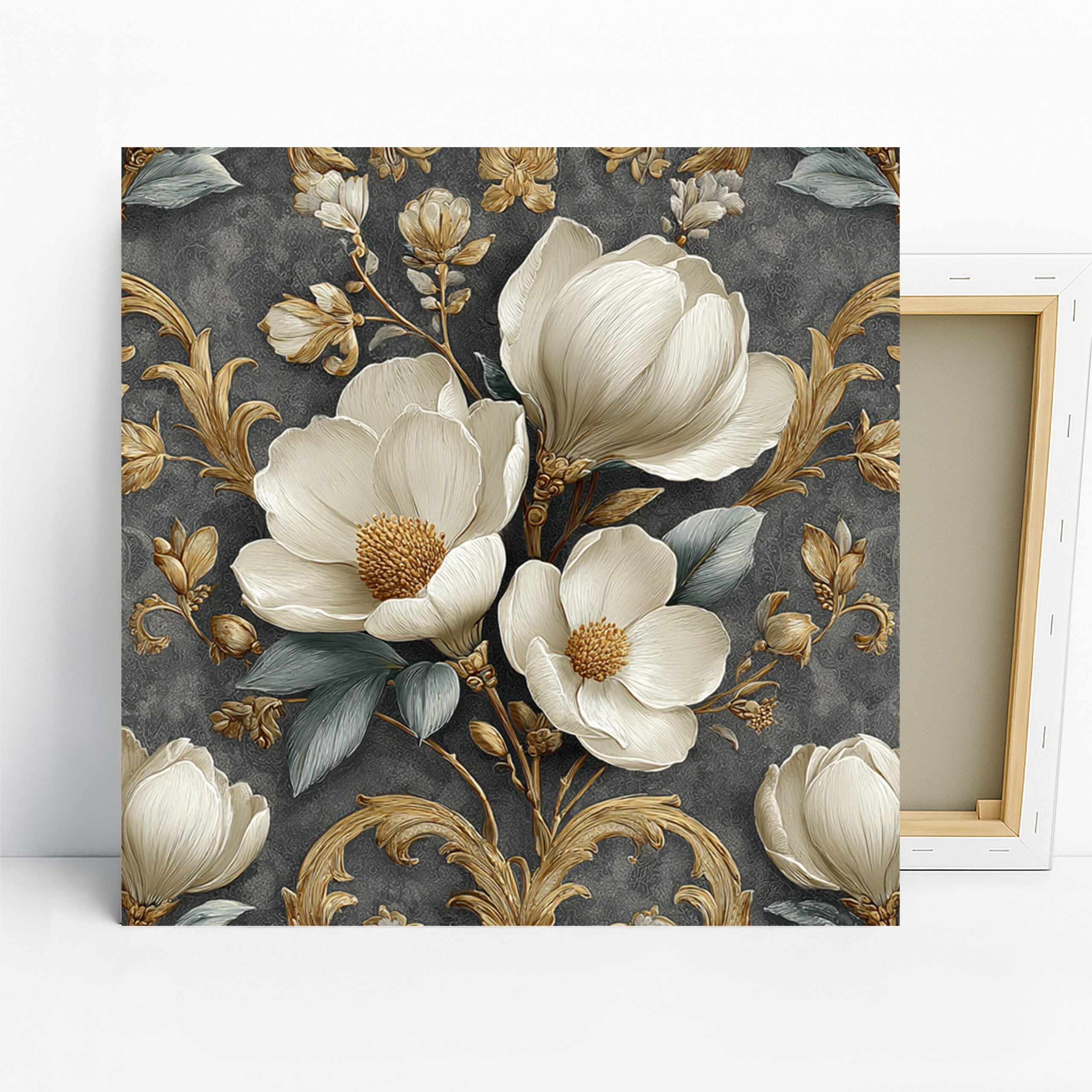 Elegant Magnolia Art, Canvas or Poster, Floral Vintage Decor, Living Room Bedroom Dining Room Wall Art, White Gold Grey Green