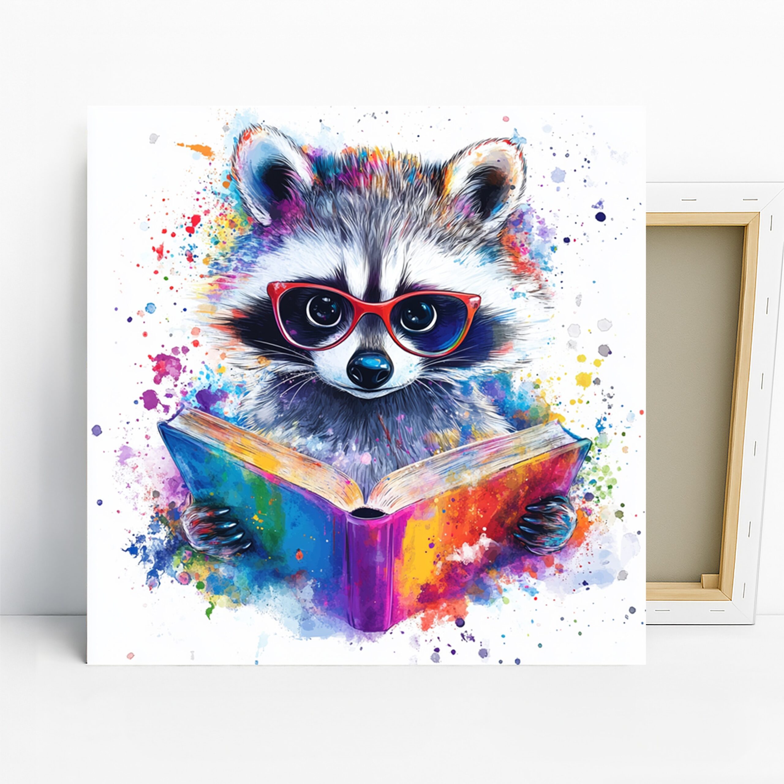 Raccoon Reading Art, Canvas or Poster, Whimsical Bohemian Decor, Living Room Office Children's Room Wall Art, Multicolor Blue Red Purple
