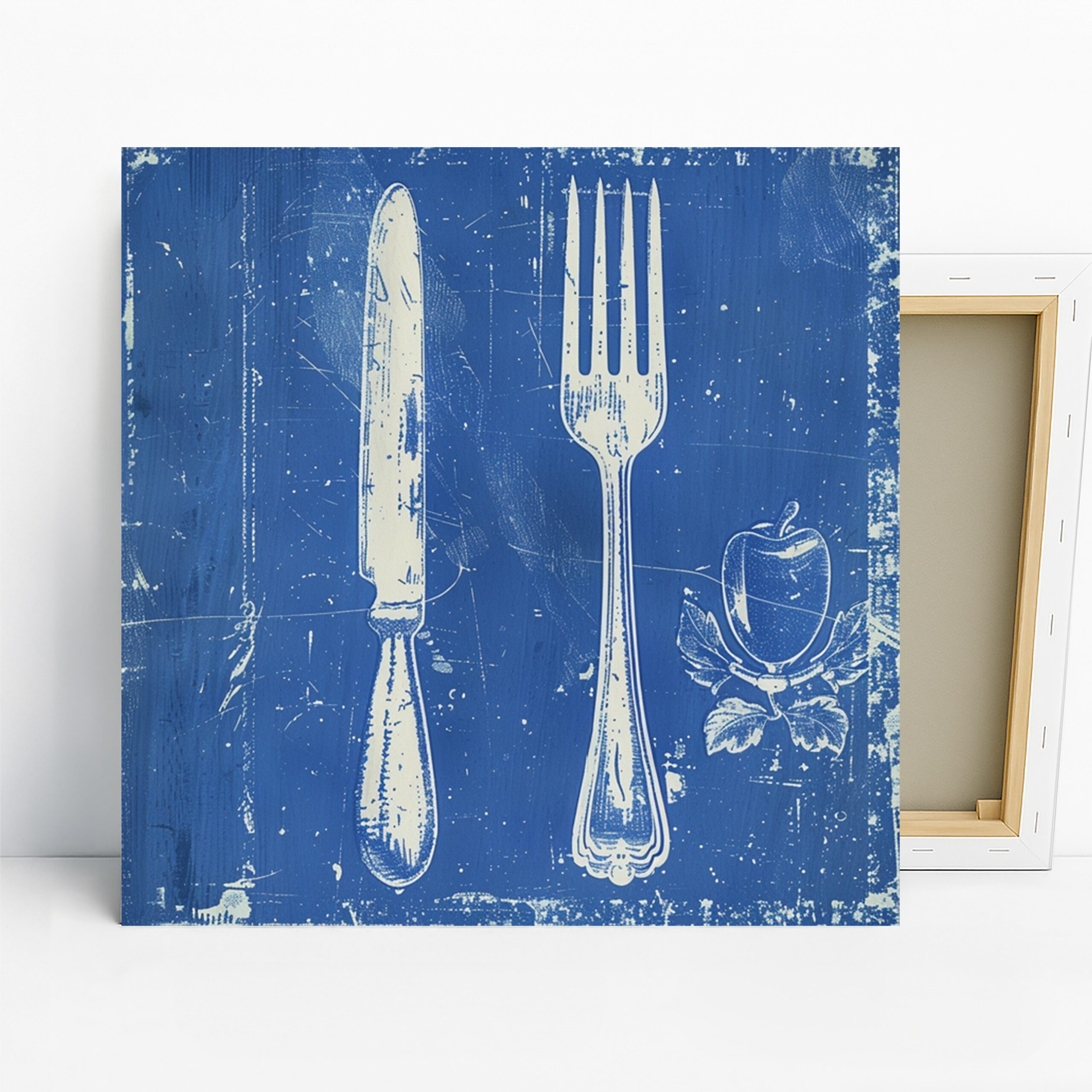 Rustic Kitchen Utensils Art, Canvas or Poster, Vintage Farmhouse Decor, Kitchen Dining Room Wall Art, Blue White, Country Style Home Decor