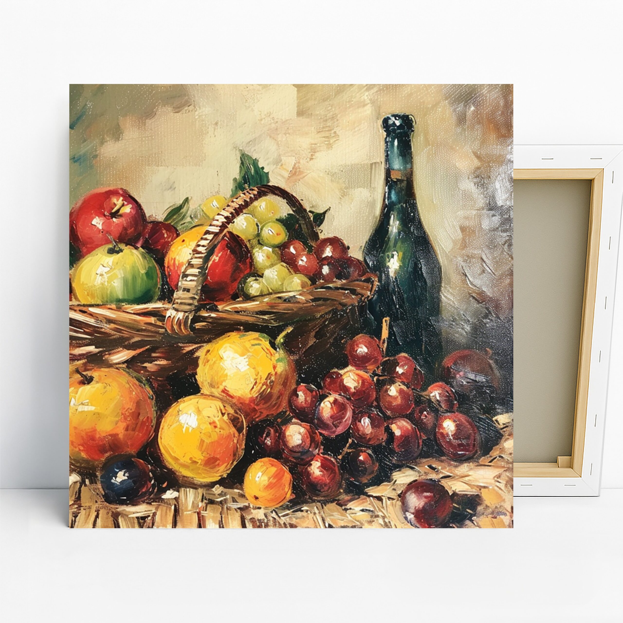 Fruit Basket and Wine Art, Canvas or Poster, Still Life Classic Decor, Dining Room Kitchen Living Room Wall Art, Red Yellow Green Brown