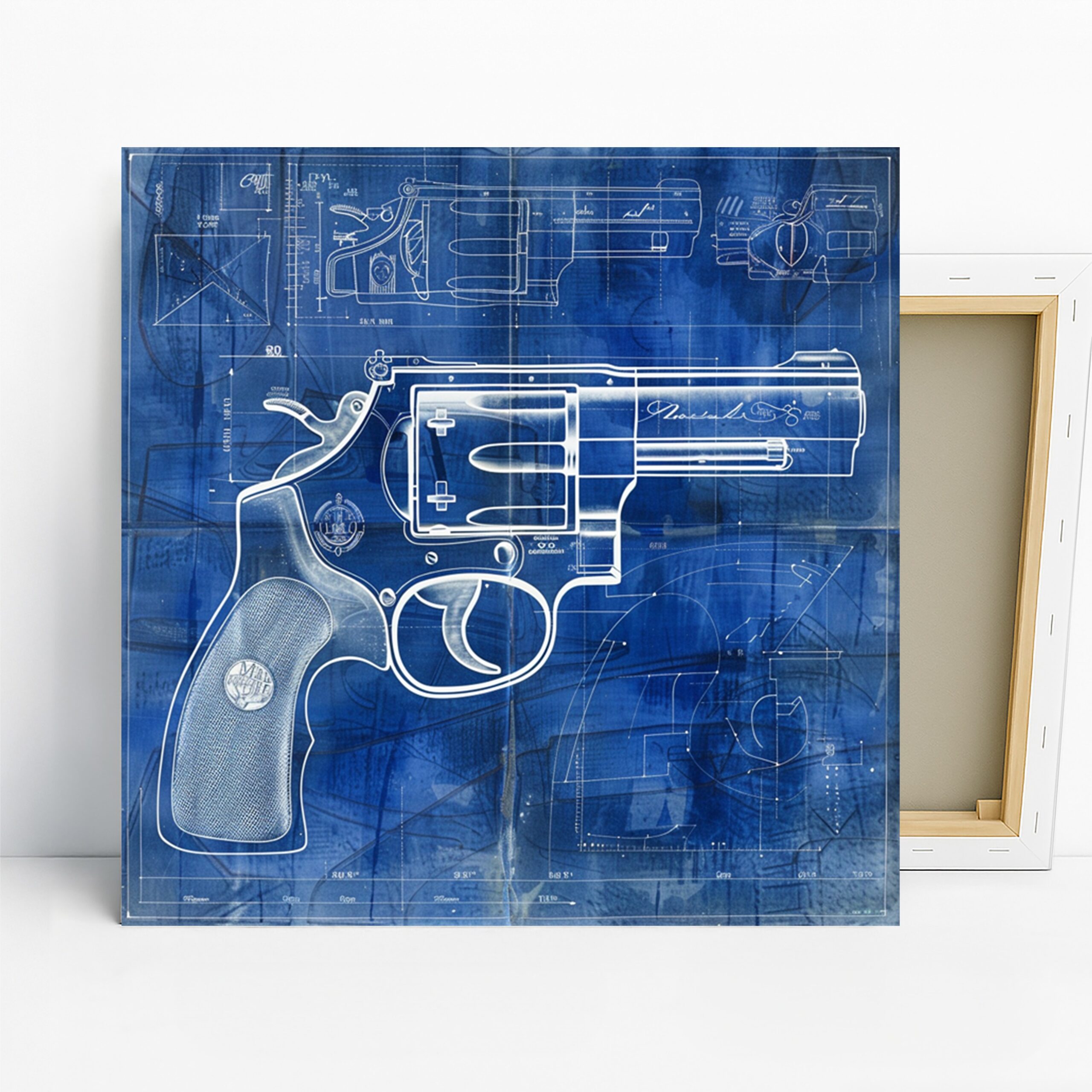 Blueprint Revolver Art, Canvas or Poster, Vintage Industrial Minimalist Decor, Office Game Room Man Cave Wall Art, Blue and White