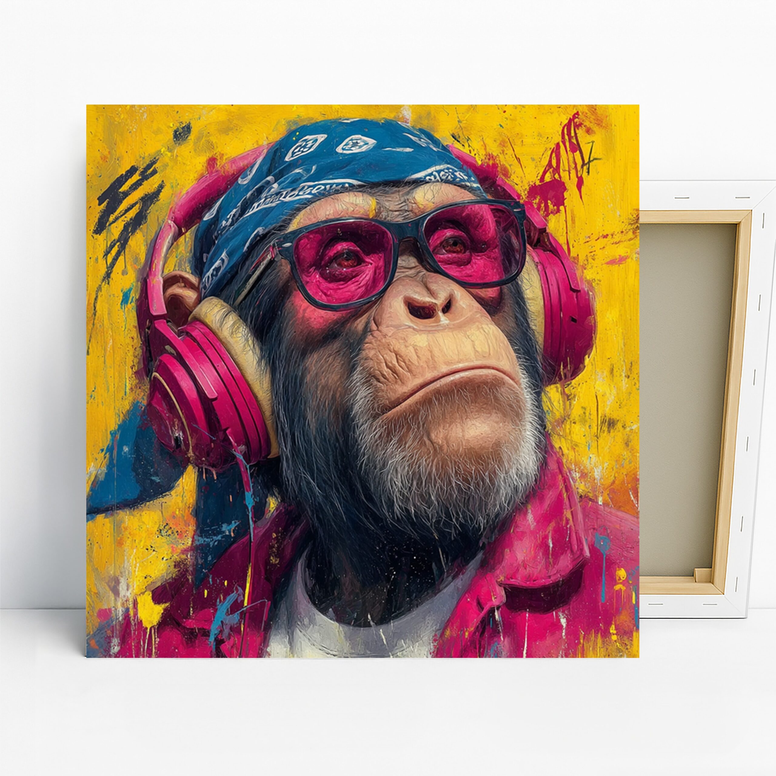 Chimpanzee Art, Canvas or Poster, Pop Art Urban Decor, Living Room Office Game Room Wall Art, Yellow Pink Blue Black Modern Design