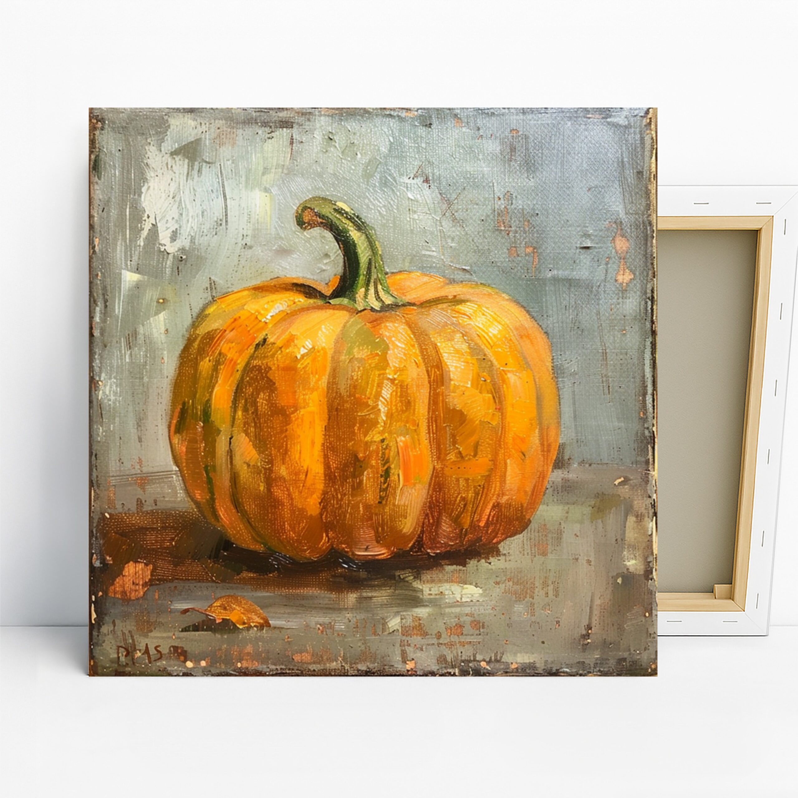Autumn Pumpkin Art, Canvas or Poster, Still Life Rustic Farmhouse Decor, Kitchen Dining Room Living Room Wall Art, Orange Green Grey Brown