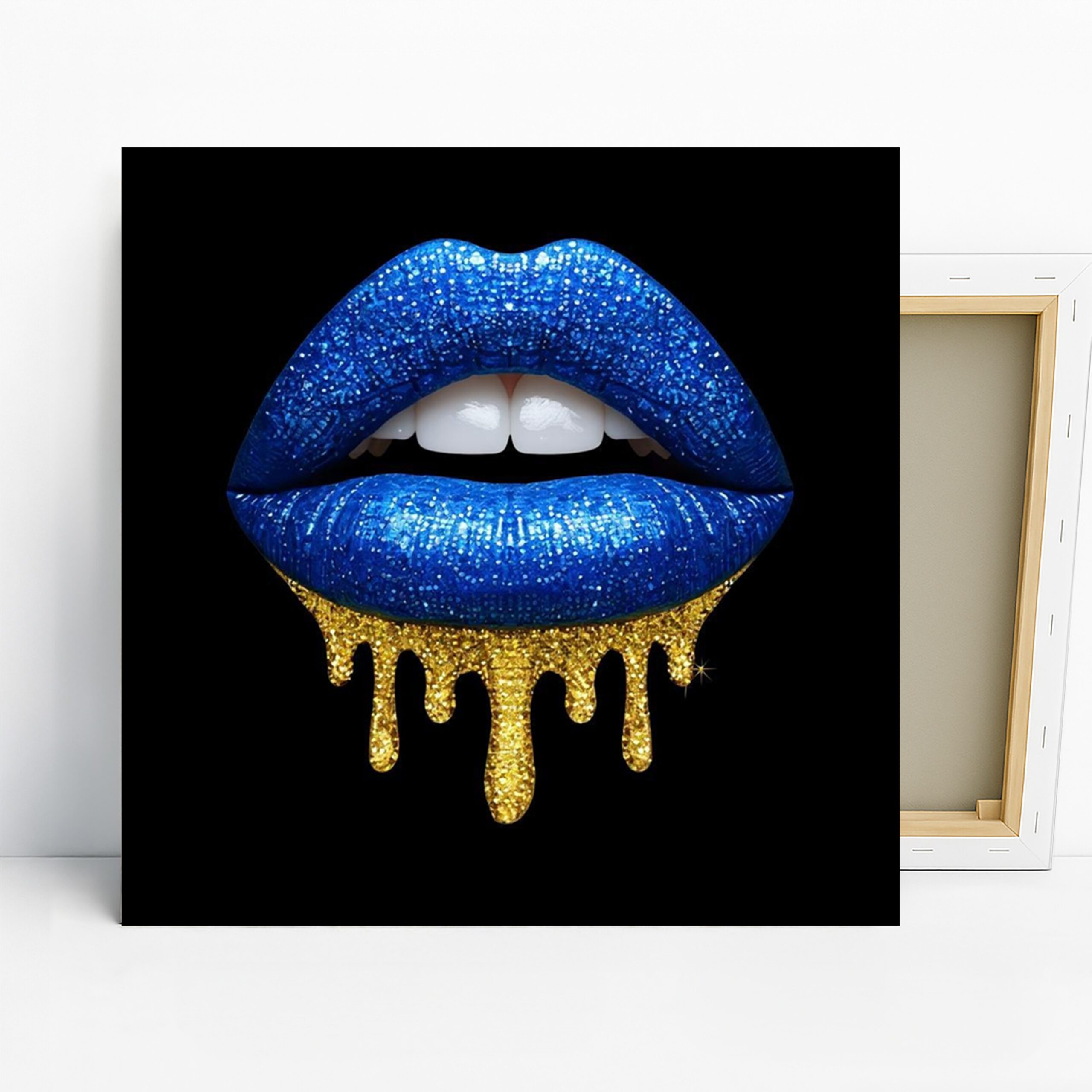 Glittery Blue Lips Art, Canvas or Poster, Pop Art Modern Glam Decor, Bathroom Bedroom Living Room Wall Art, Blue Gold Black White