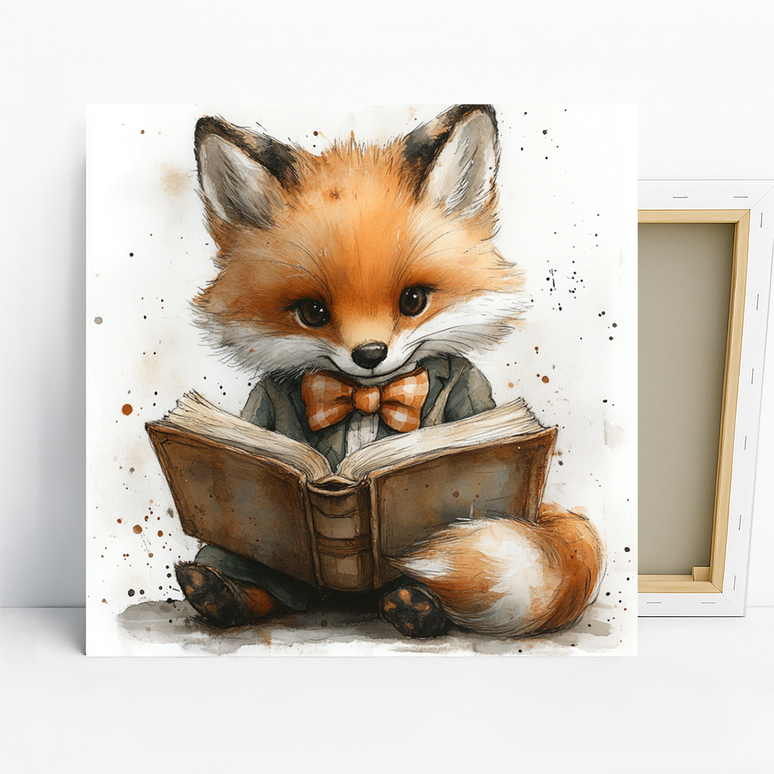 Fox Reading Book Art, Canvas or Poster, Whimsical Modern Decor, Library Office Children’s Room Wall Art, Orange Brown White Colorful Print