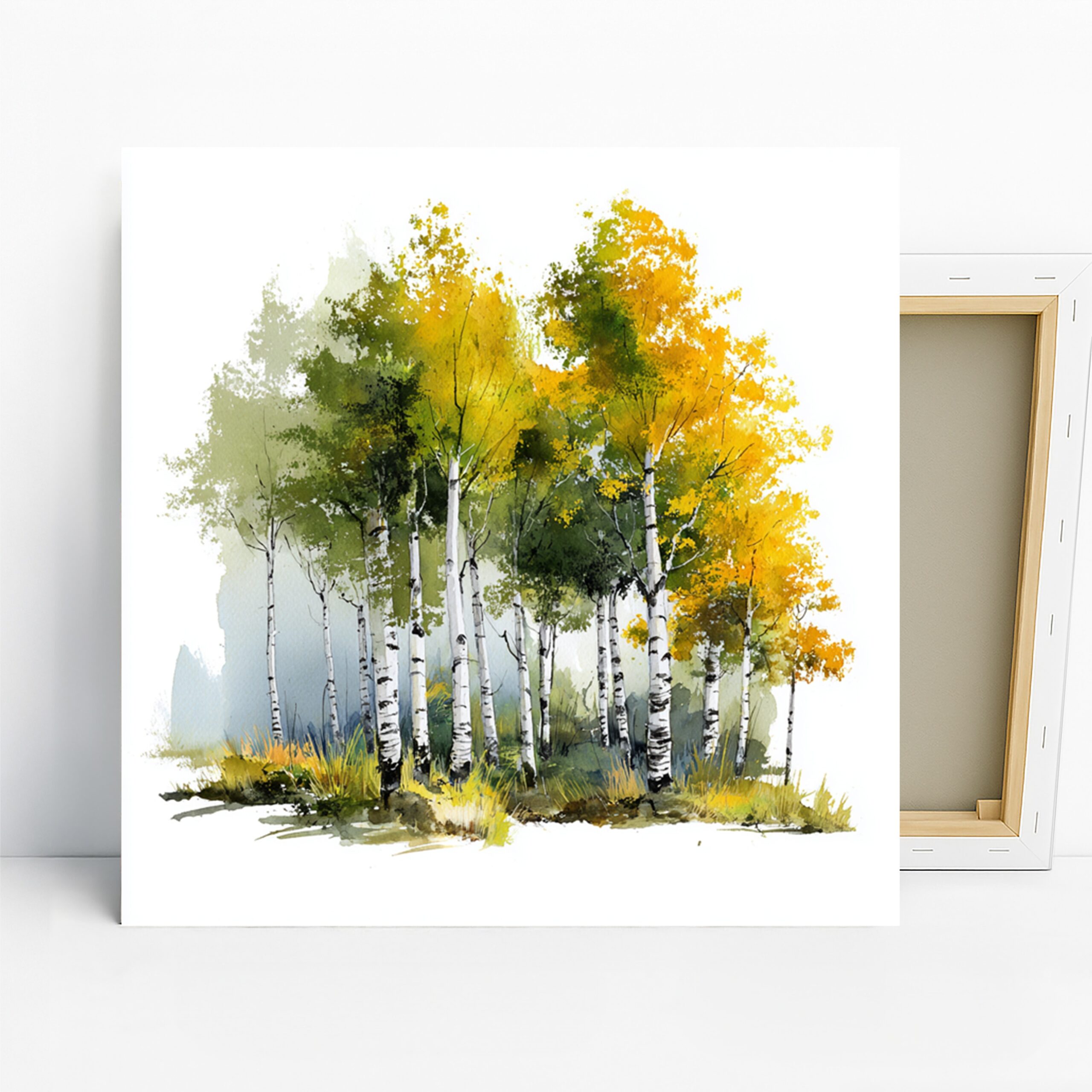 Autumn Birch Grove Art, Canvas or Poster, Nature Contemporary Decor, Living Room Bedroom Office Dining Wall Art, Yellow Green White Brown