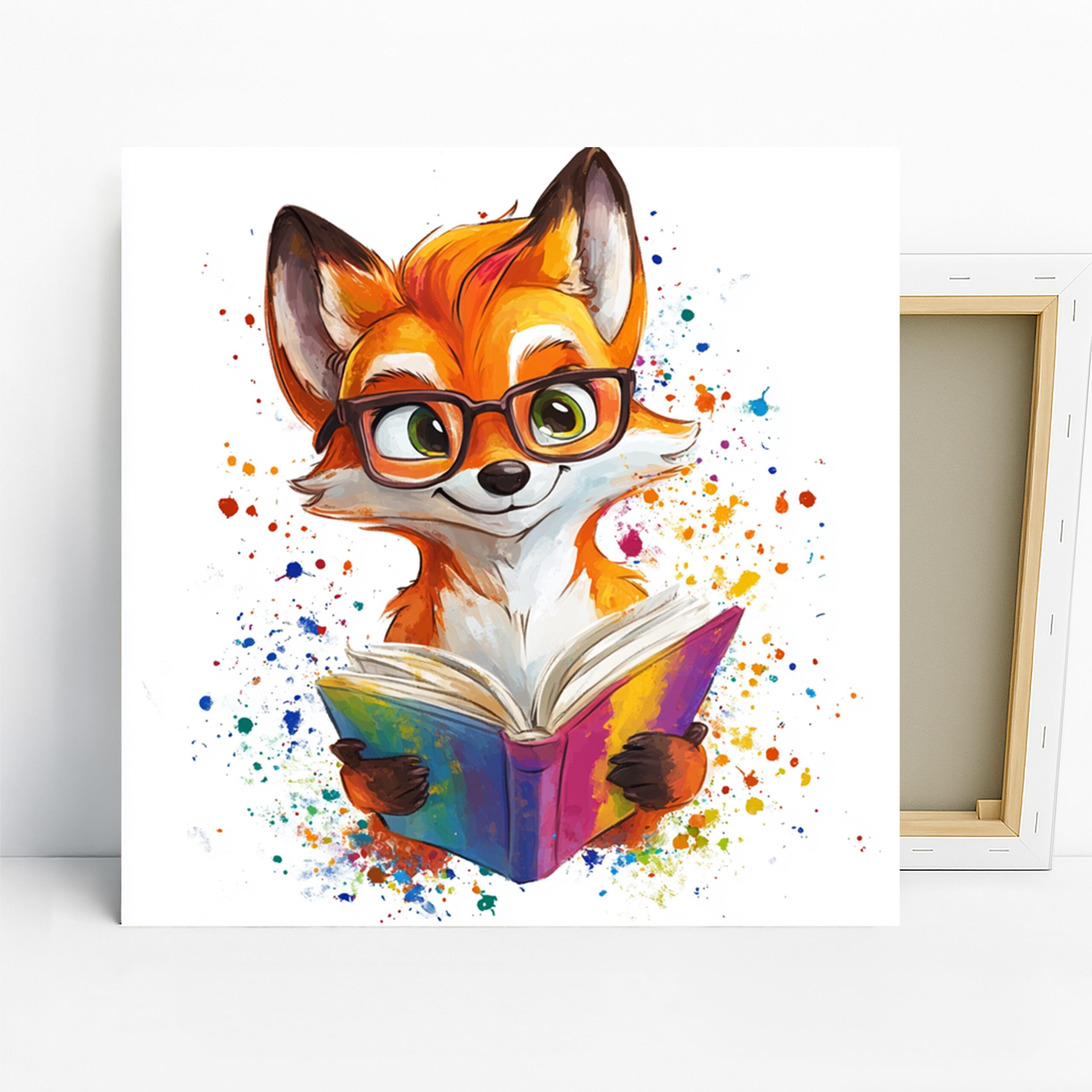 Fox Reading Book Art, Canvas or Poster, Whimsical Contemporary Decor, Library Office Children’s Room Living Room Wall Art, Orange Red 