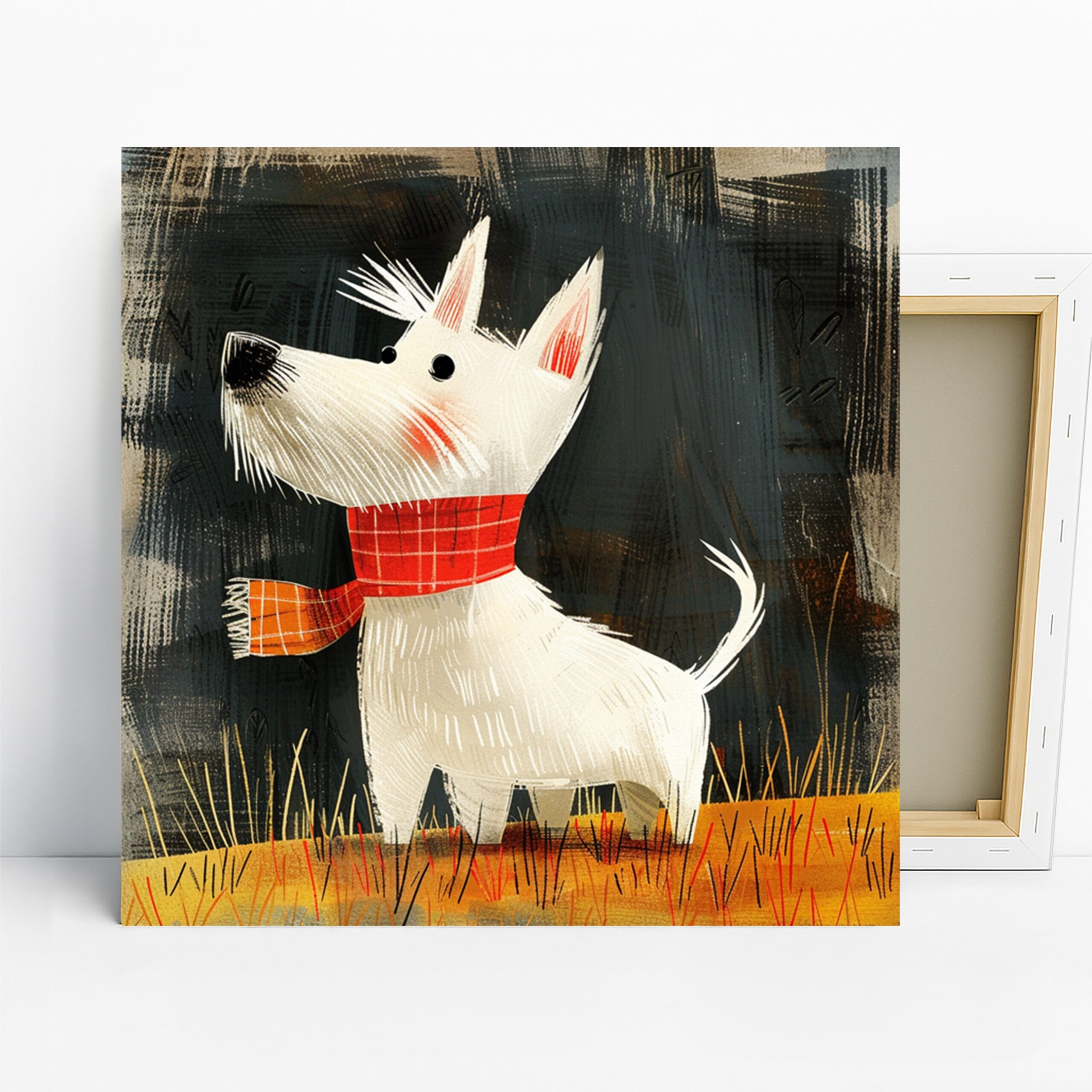 Scottish Terrier Art, Canvas or Poster, Whimsical Retro Decor, Children’s Room Living Room Kitchen Nursery Wall Art, White Red Orange Black