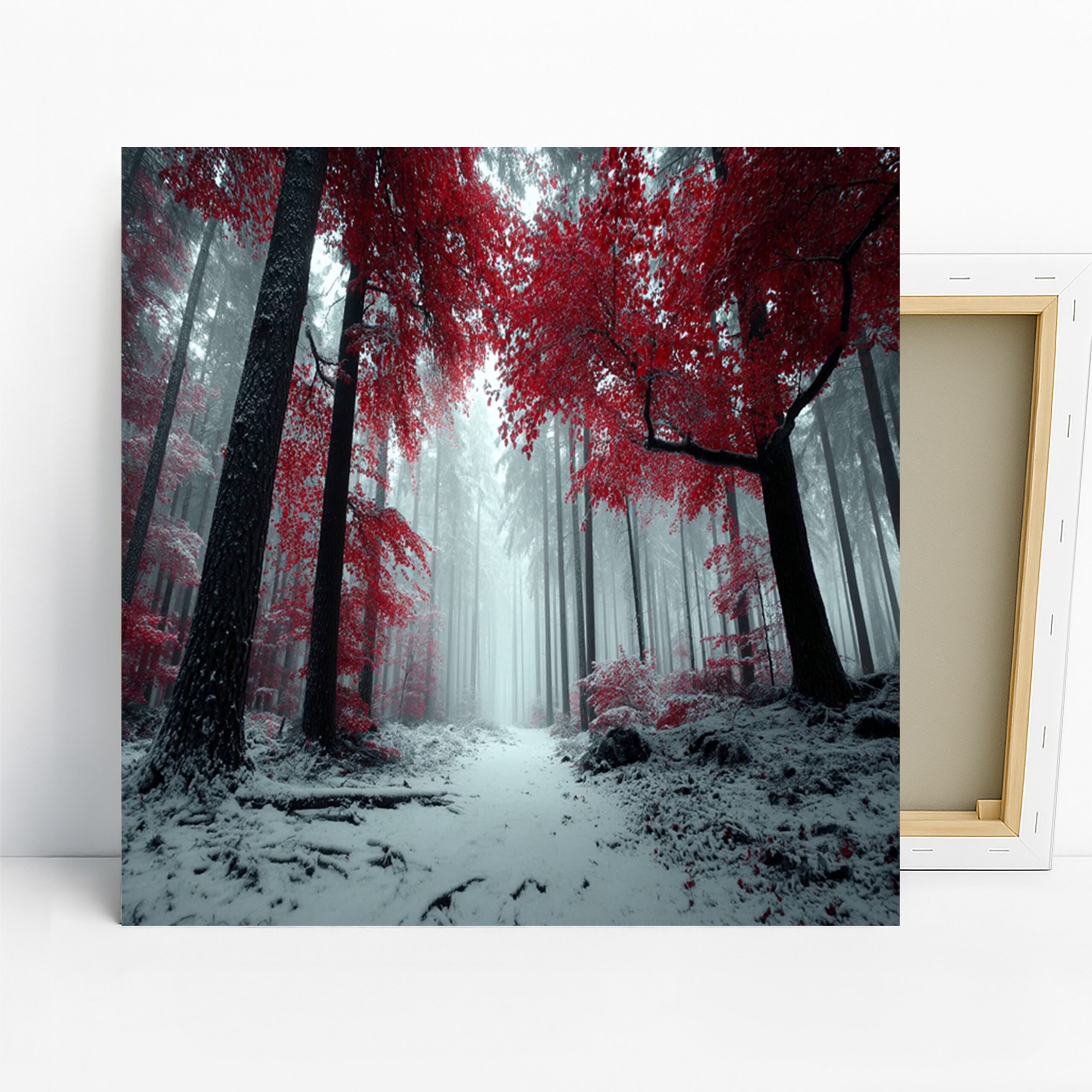 Crimson Forest Winter Art, Canvas or Poster, Nature Contemporary Decor, Living Room Bedroom Office Wall Art, Red White Grey Black