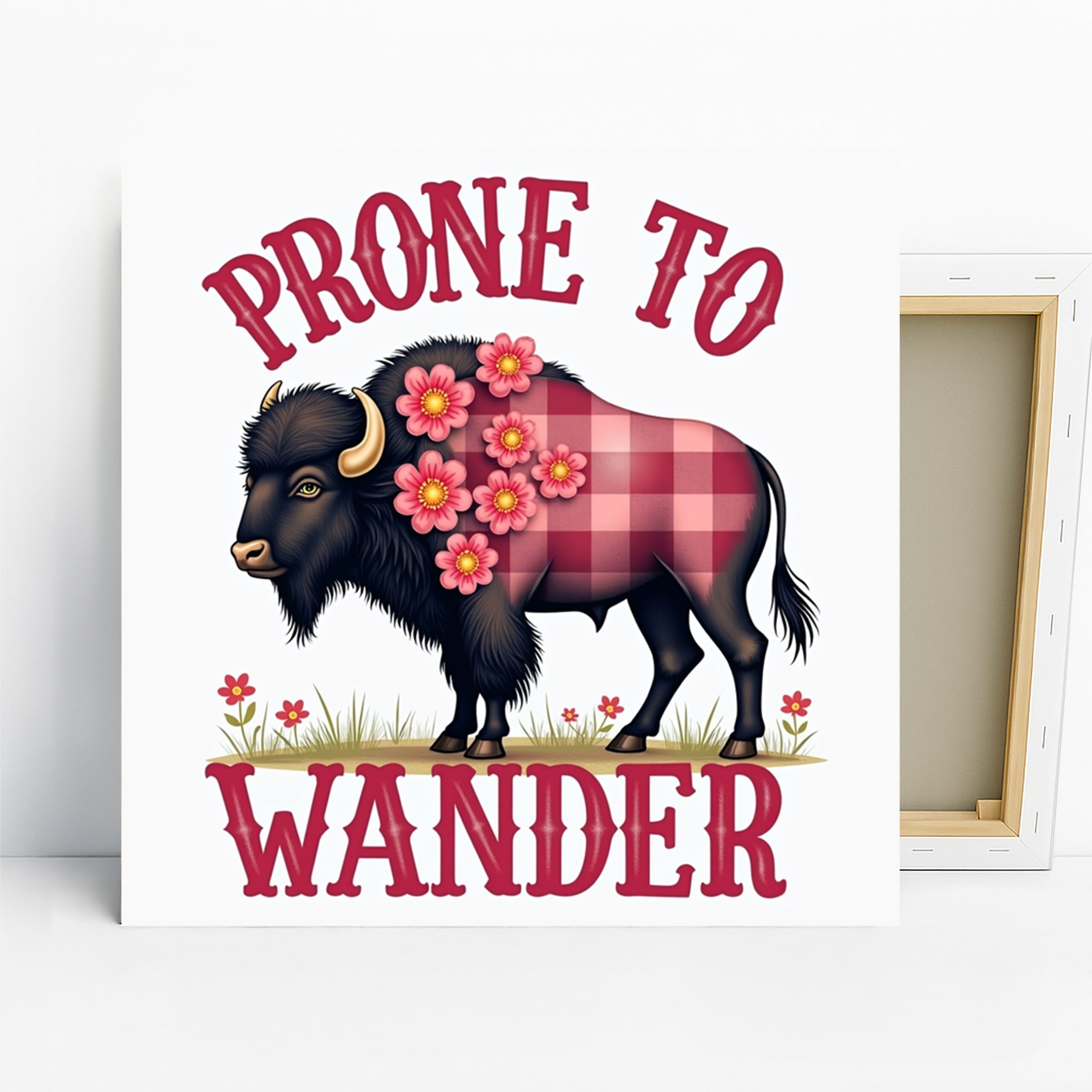 Bison Art, Canvas or Poster, Whimsical Retro Farmhouse Decor, Living Room Bedroom Office Nursery Wall Art, Red Pink and Black