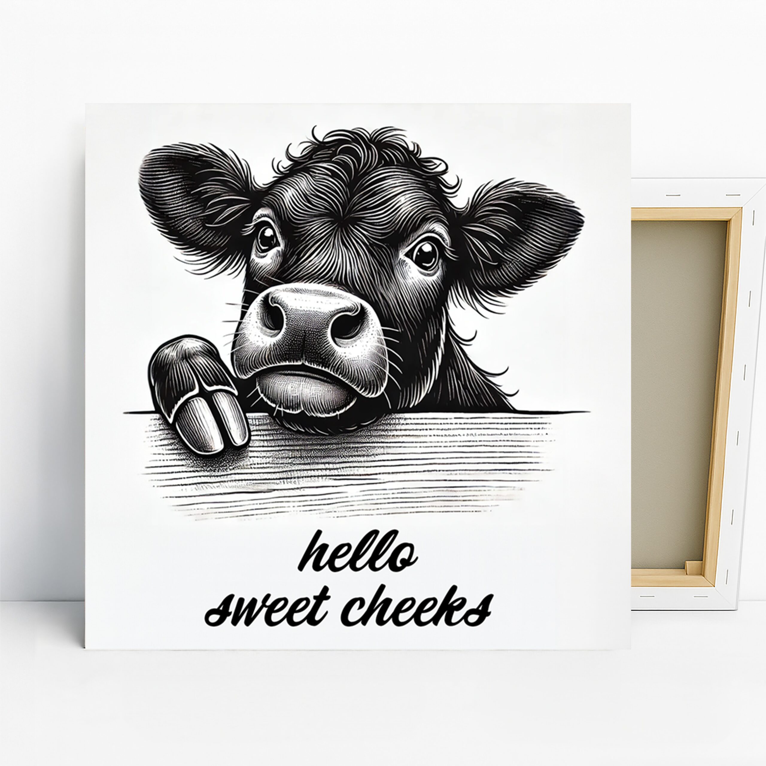 Curious Cow Art, Canvas or Poster, Whimsical Contemporary Farmhouse Decor, Kitchen Dining Room Living Room Bedroom Wall Art,Black White Grey