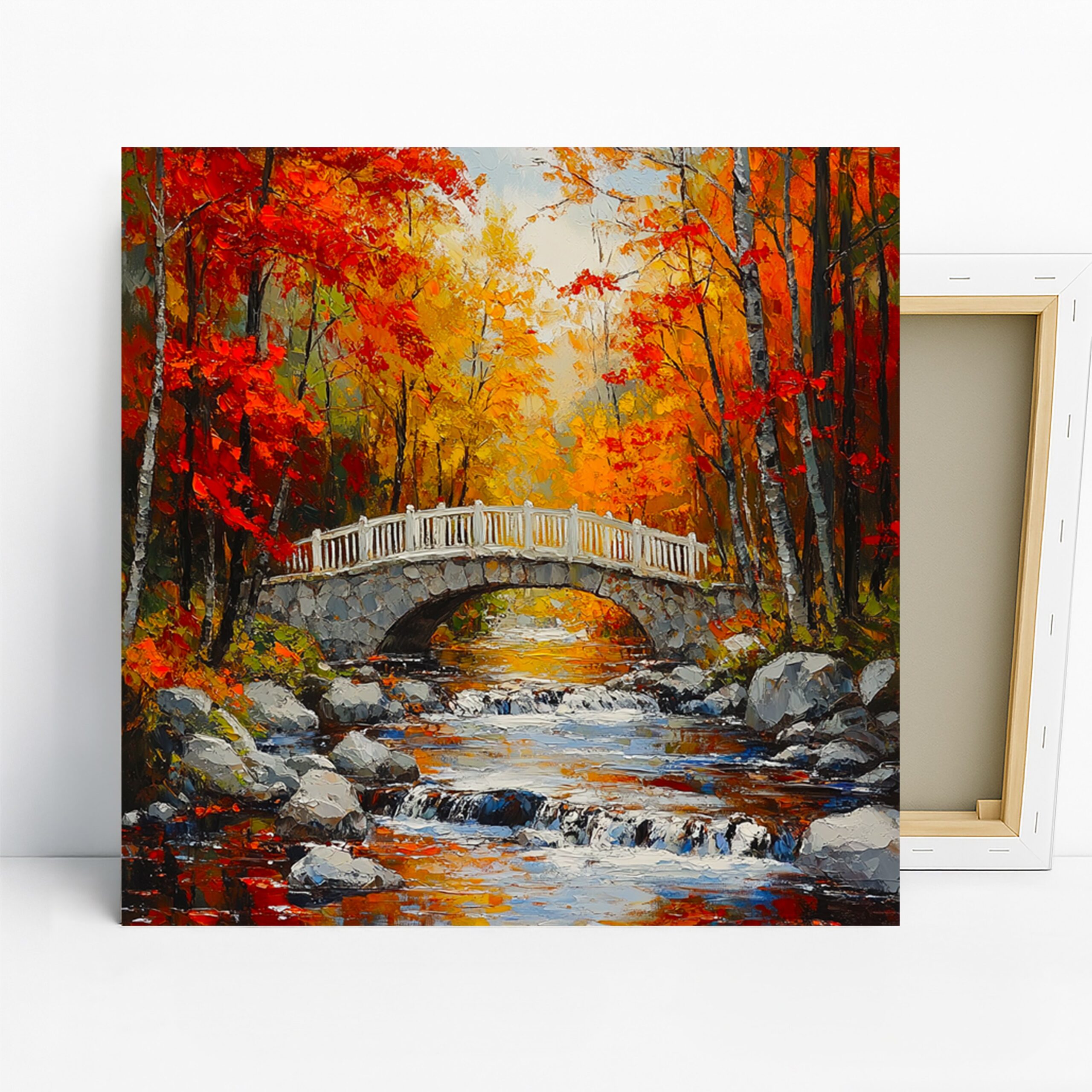 Autumn Bridge Art, Canvas or Poster, Impressionism Rustic Decor, Living Room Bedroom Office Wall Art, Red Orange Yellow and White