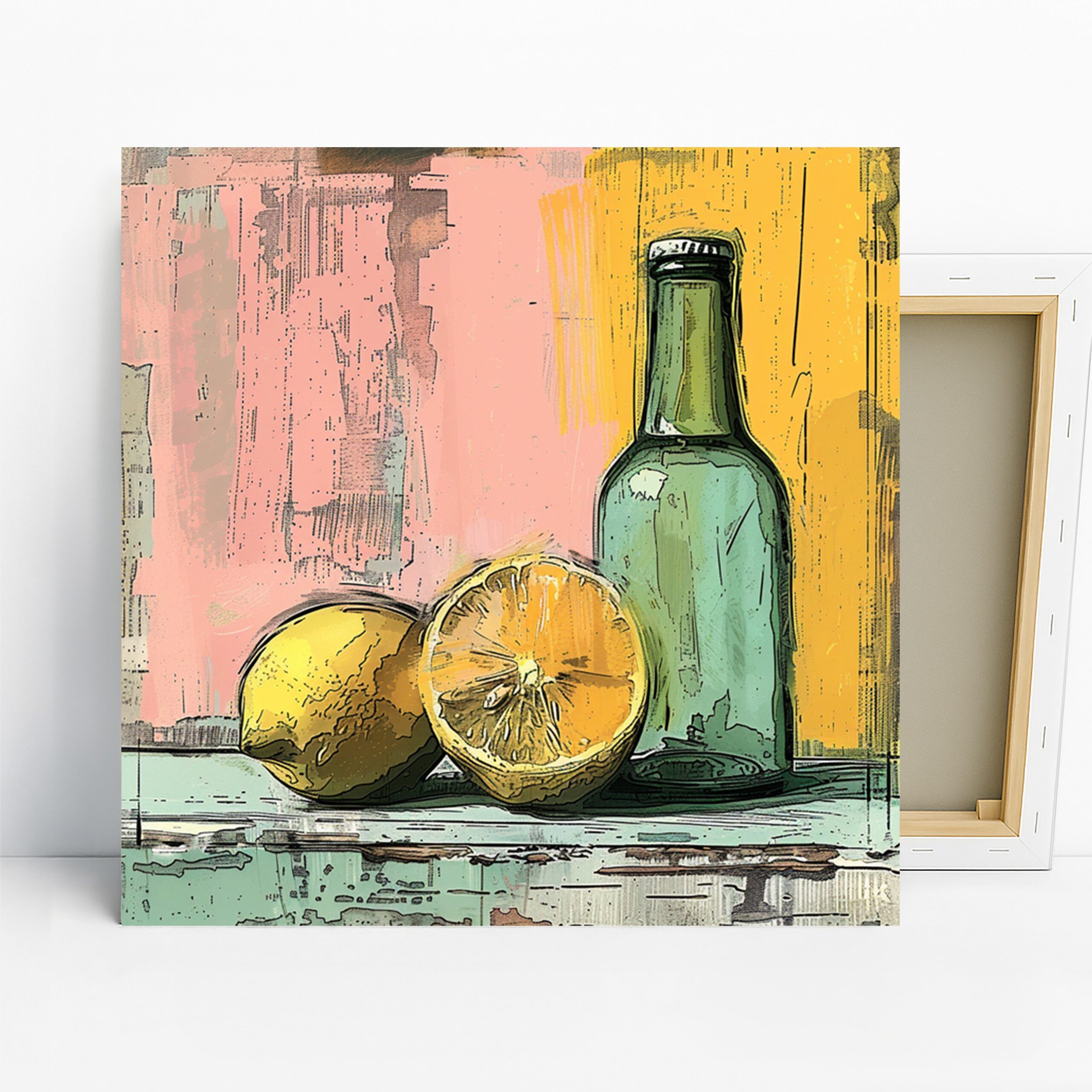 Citrus and Bottle Art, Canvas or Poster, Contemporary Modern Decor, Kitchen Dining Room Living Room Wall Art, Yellow Pink Green and Orange