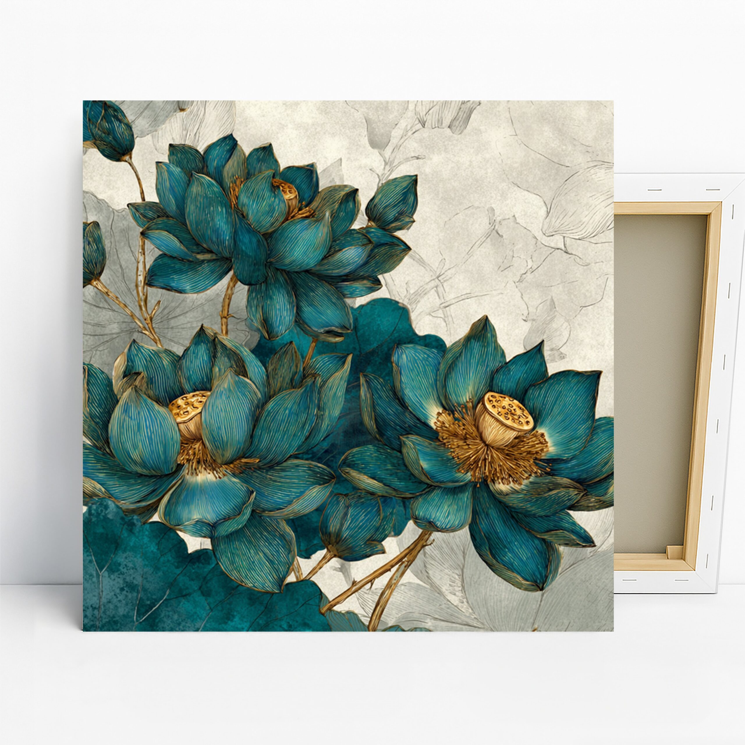 Blue Lotus Blooms Art, Canvas or Poster, Contemporary Nature Decor, Living Room Bedroom Office Bathroom Wall Art, Teal Blue Gold White
