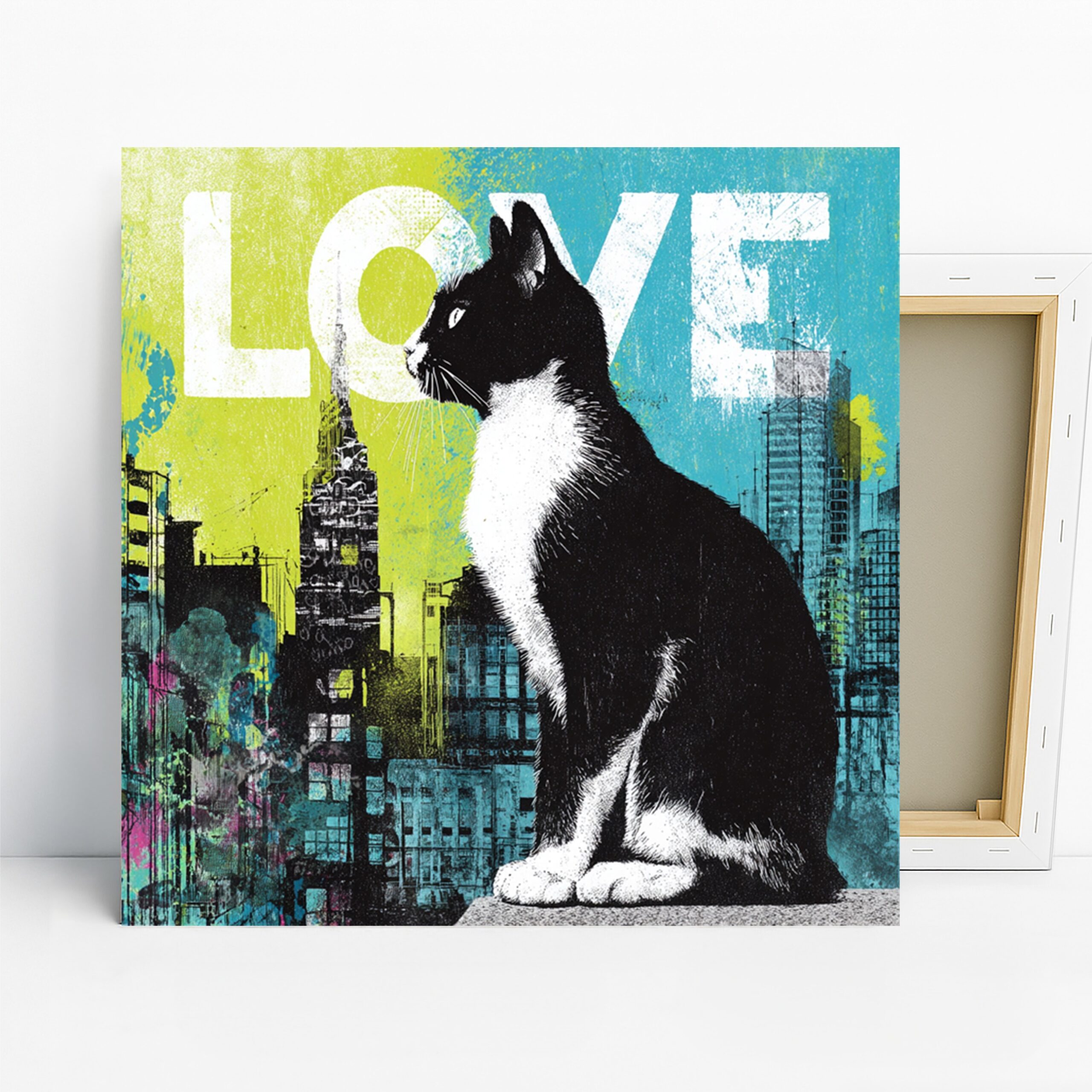Cat Love Art, Canvas or Poster, Street Pop Contemporary Decor, Living Room Office Bedroom Wall Art, Black White Blue Green Urban Decor
