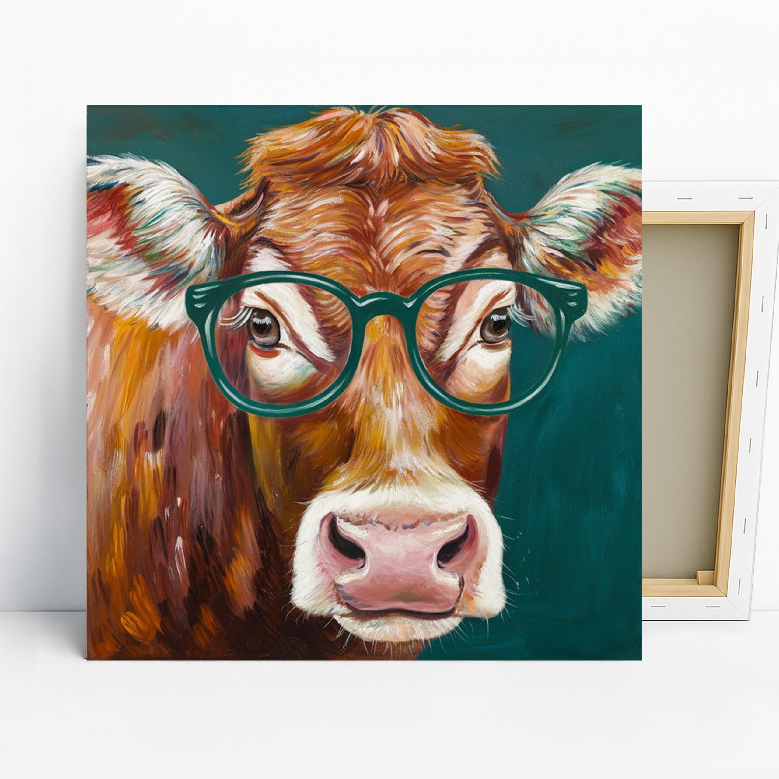 Highland Cow Art, Canvas or Poster, Whimsical Farmhouse Decor, Living Room Kitchen Office Bedroom Wall Art, Brown Green Teal and White