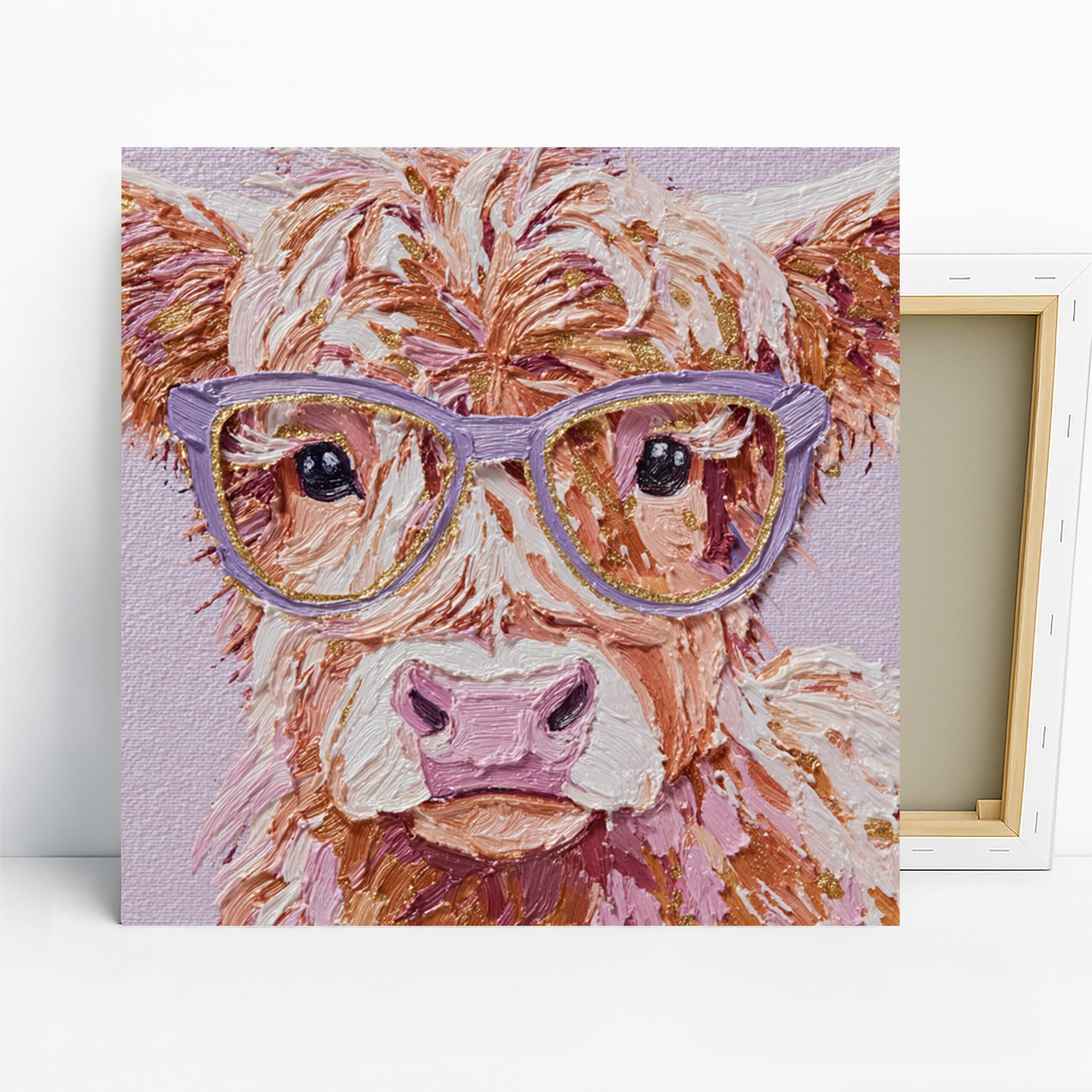 Highland Cow Art, Canvas or Poster, Whimsical Contemporary Decor, Living Room Bedroom Office Children Room Wall Art, Purple Pink Gold White