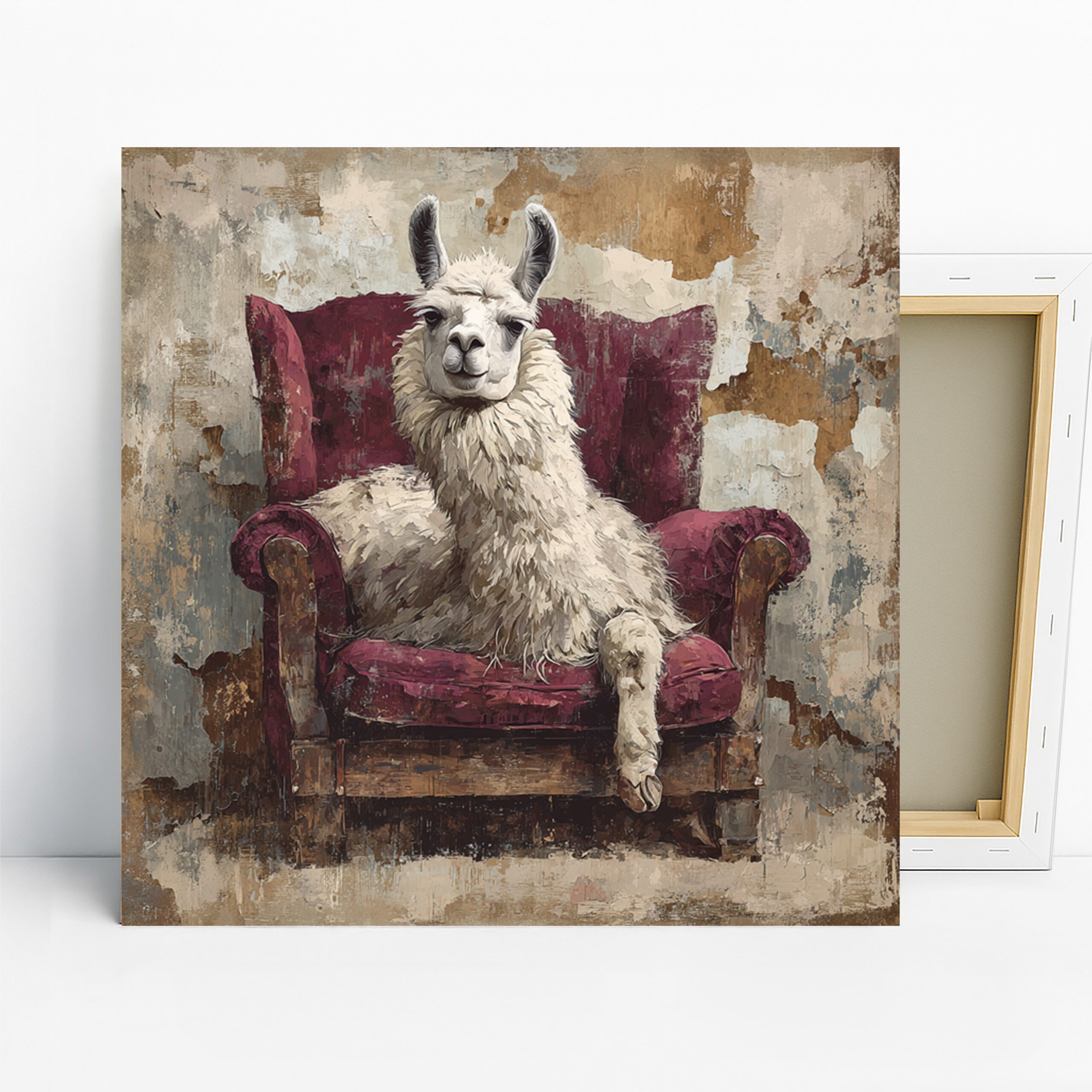 Llama Armchair Art, Canvas or Poster, Whimsical Rustic Decor, Living Room Office Bedroom Wall Art, White Maroon Brown Beige