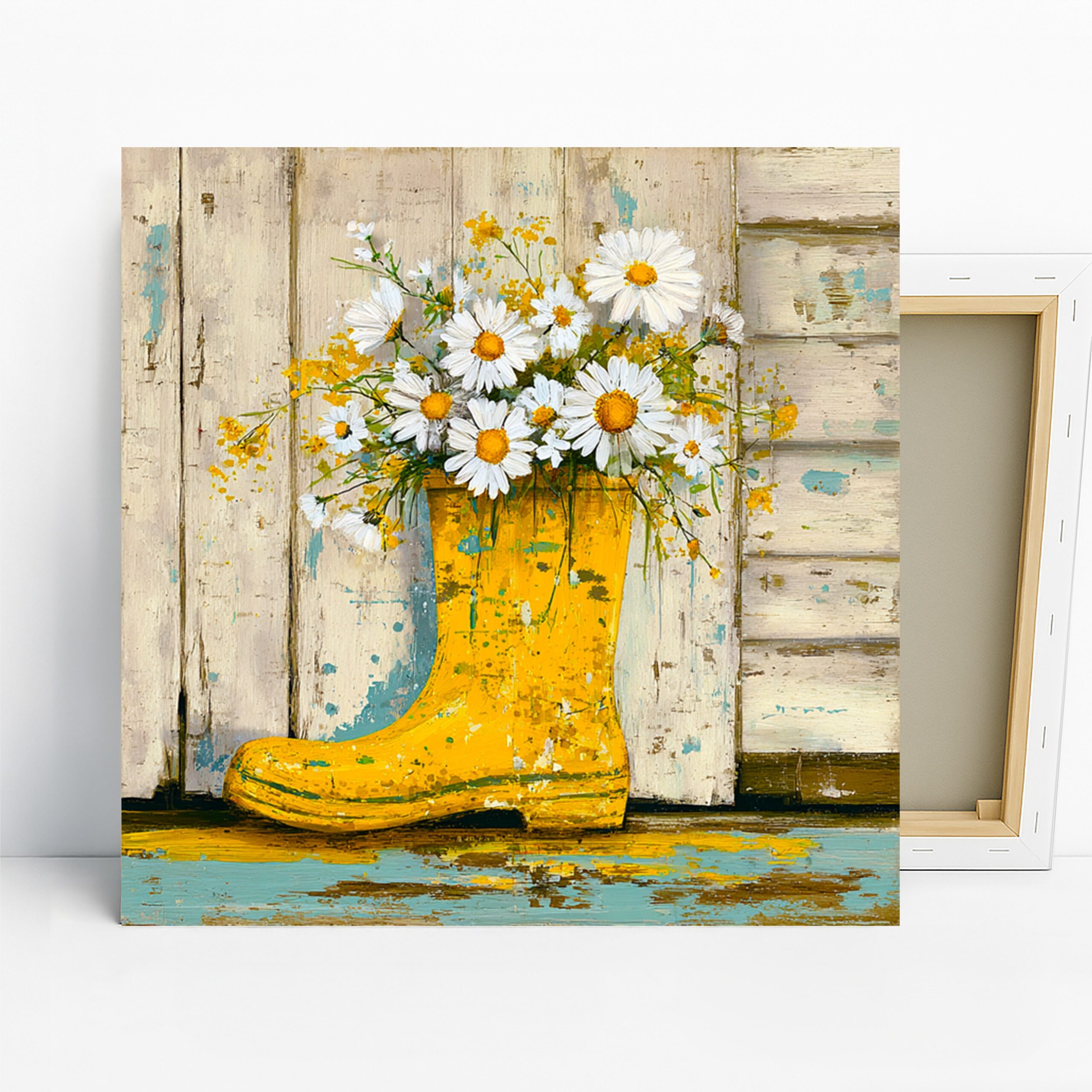 Daisy Boot Bouquet Art, Canvas or Poster, Floral Vintage Rustic Decor, Entryway Bathroom Kitchen Wall Art, Yellow White Green