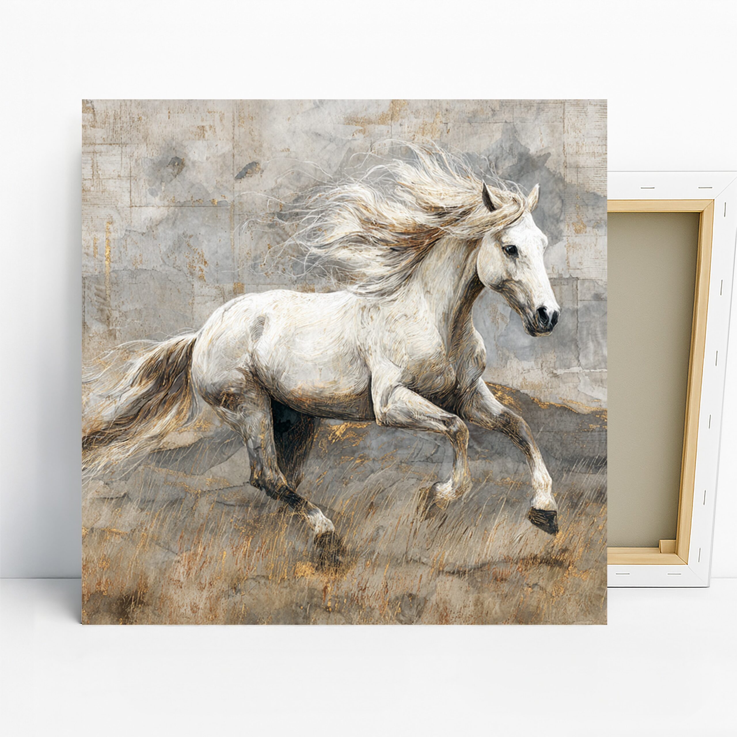 White Horse Art, Canvas or Poster, Animal Contemporary Rustic Decor, Living Room Bedroom Office Wall Art, White Grey Brown Beige