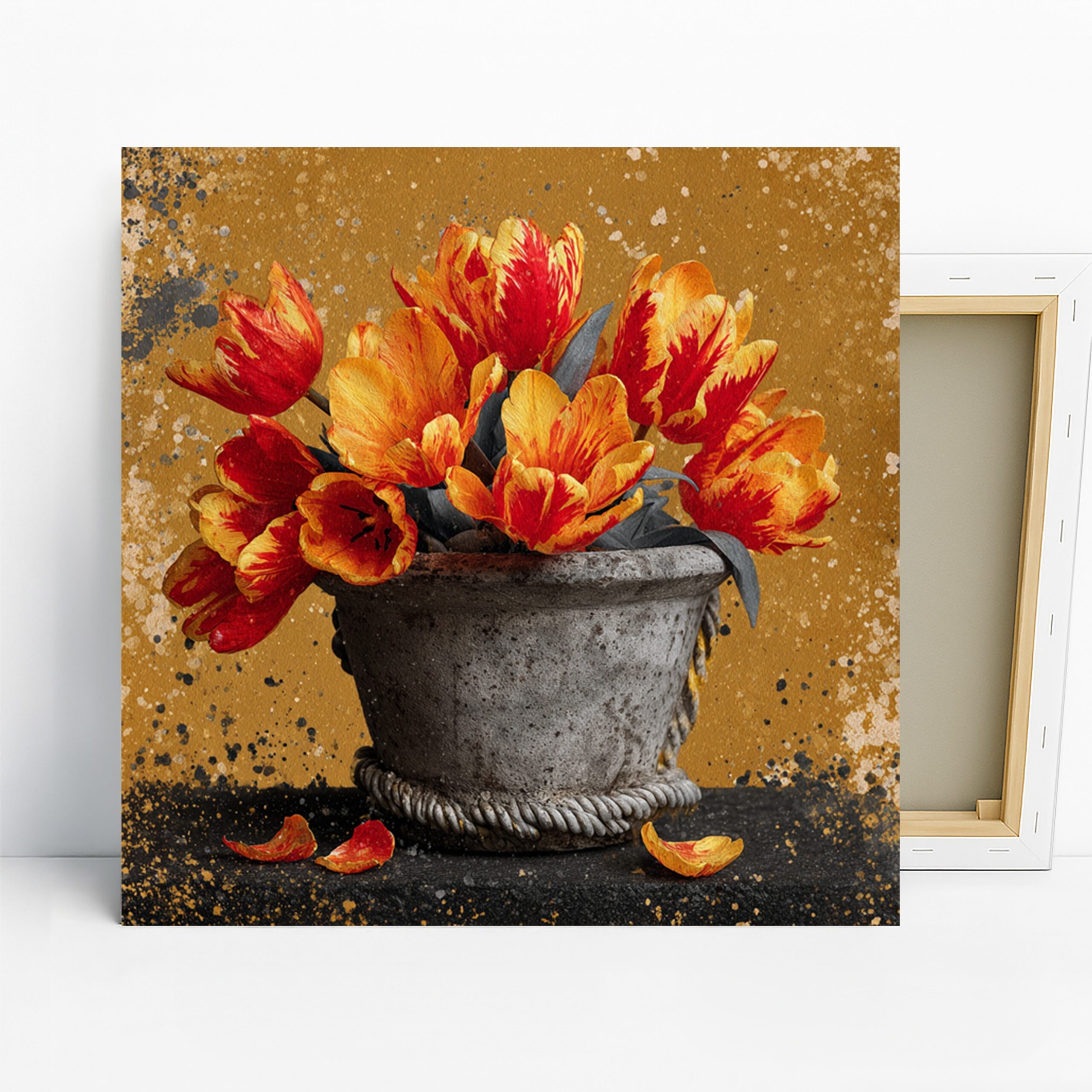Fiery Tulip Bouquet Art, Canvas or Poster, Floral Vintage Decor, Living Room Dining Room Kitchen Wall Art, Red Orange Gold Brown