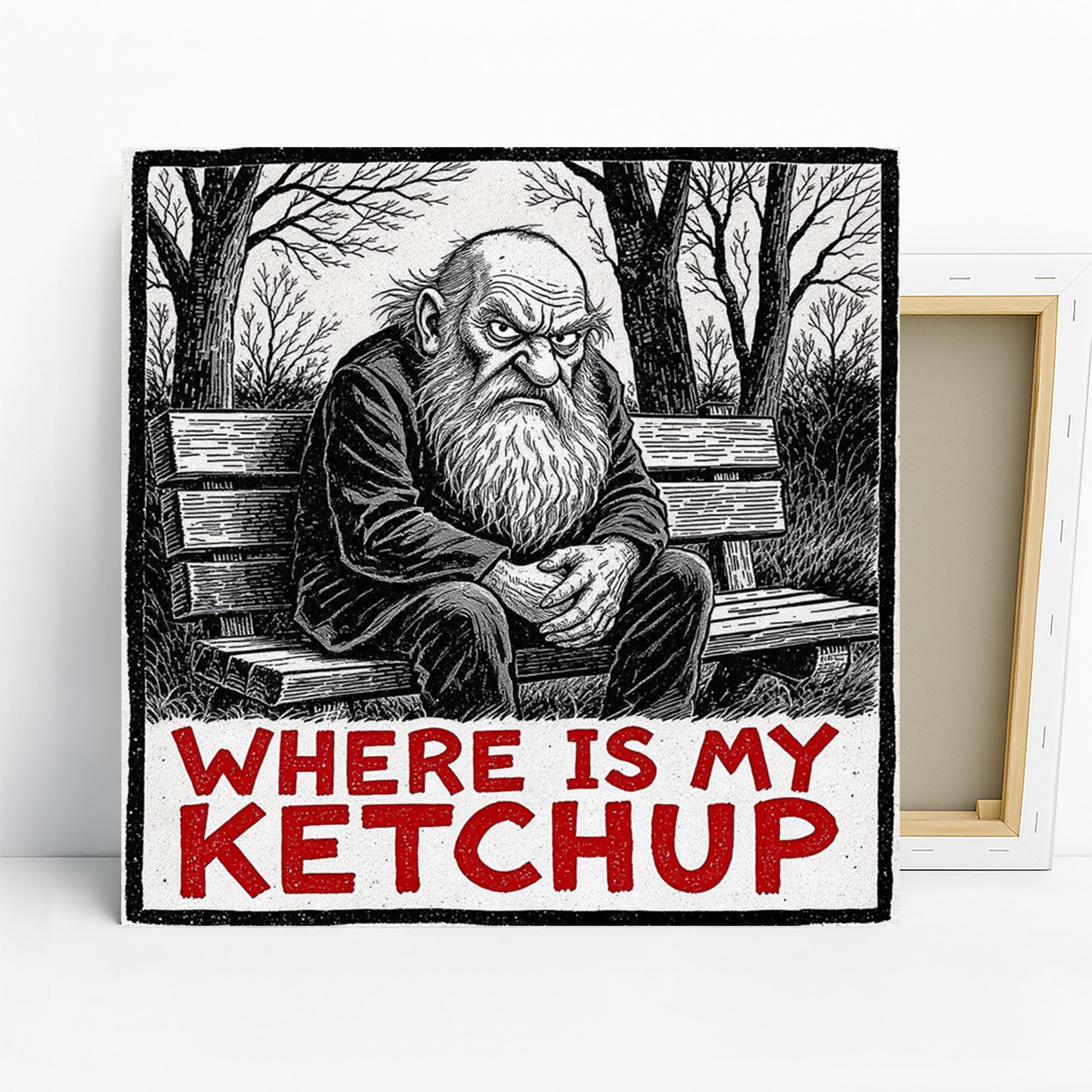 Grumpy Old Man Art, Canvas or Poster, Vintage Whimsical Rustic Decor, Kitchen Dining Room Living Room Wall Art, Black White Red